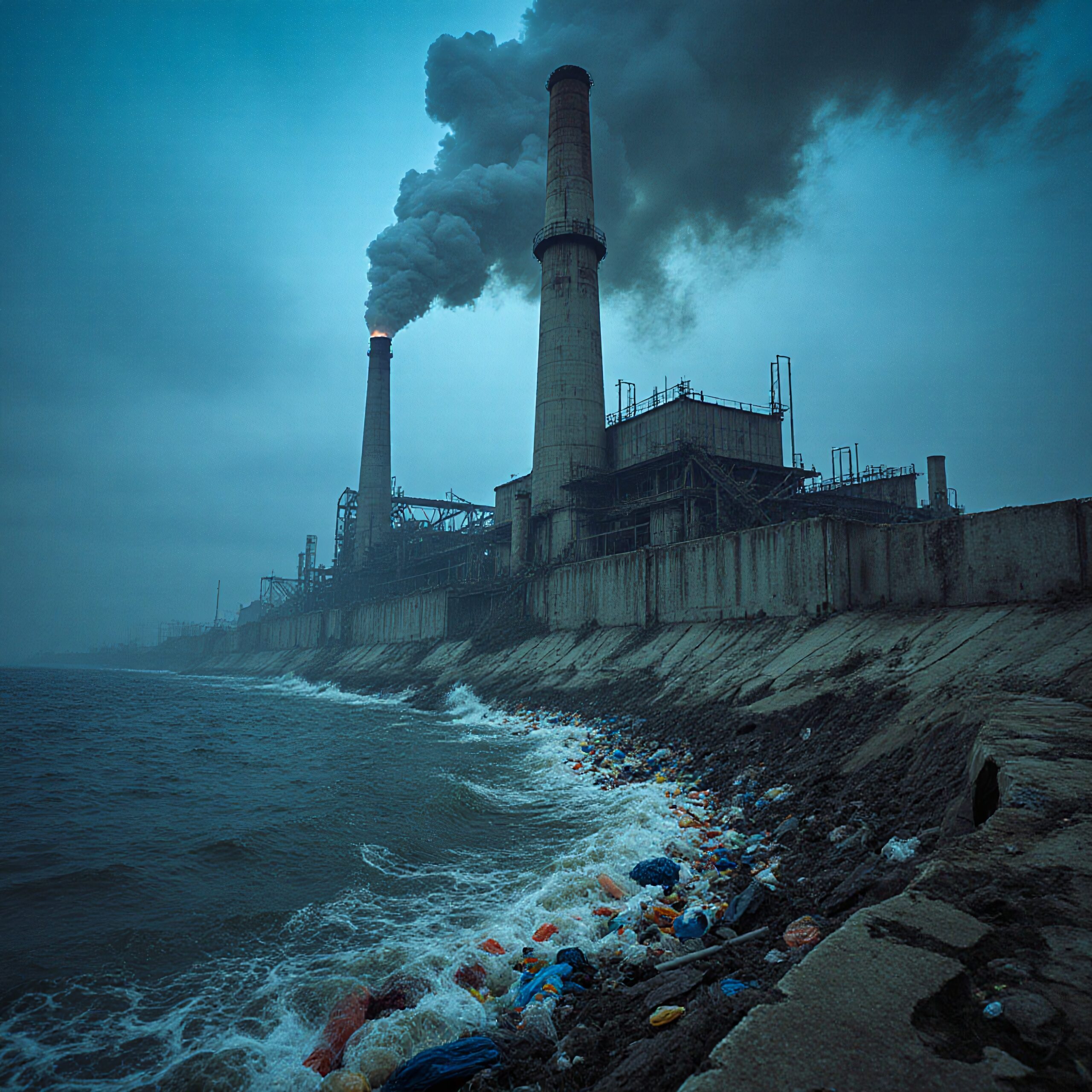 An industrial factory by the sea with smokestacks releasing smoke and debris washing ashore.