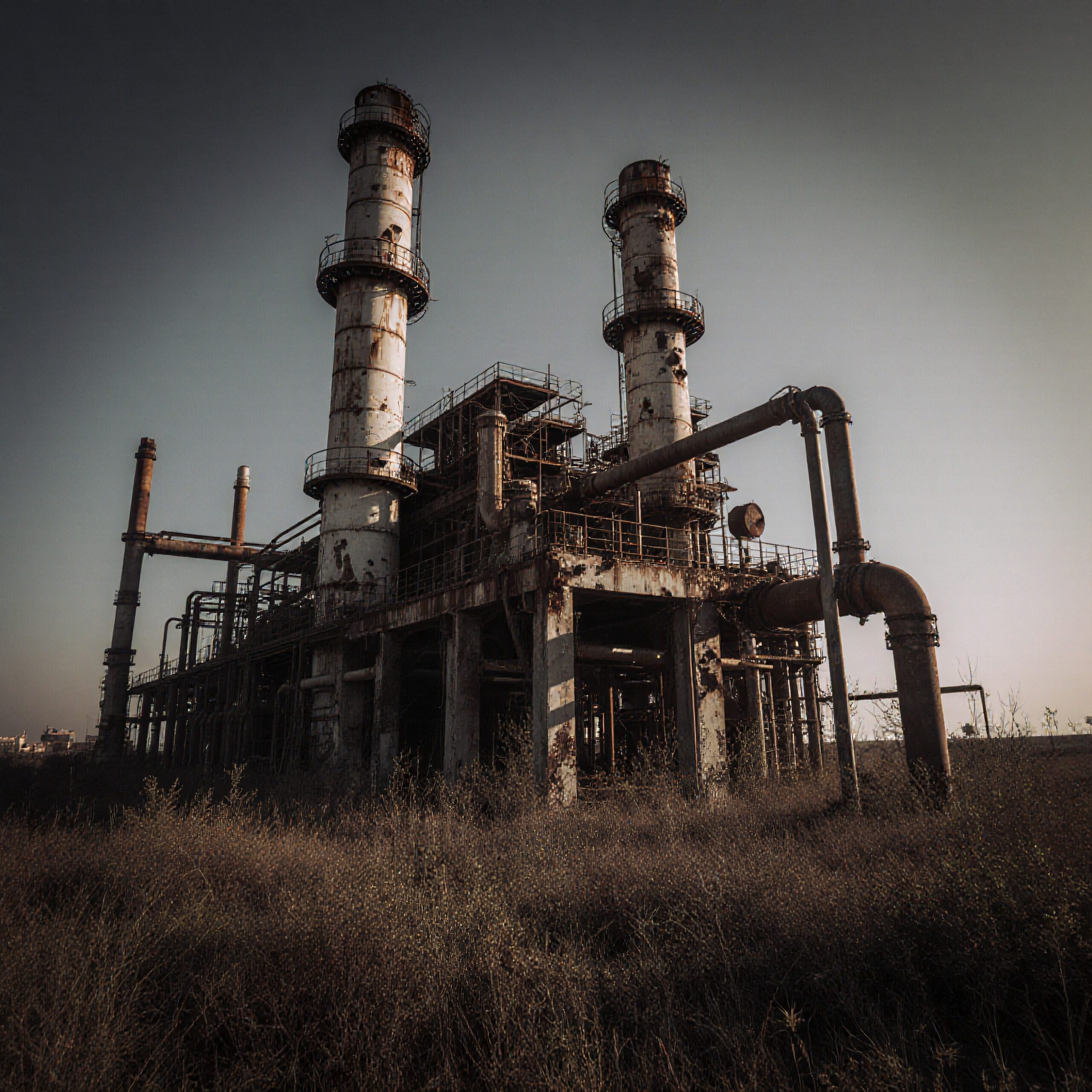 An abandoned industrial facility with overgrown vegetation and rusted smokestacks, highlighting neglect and decay.