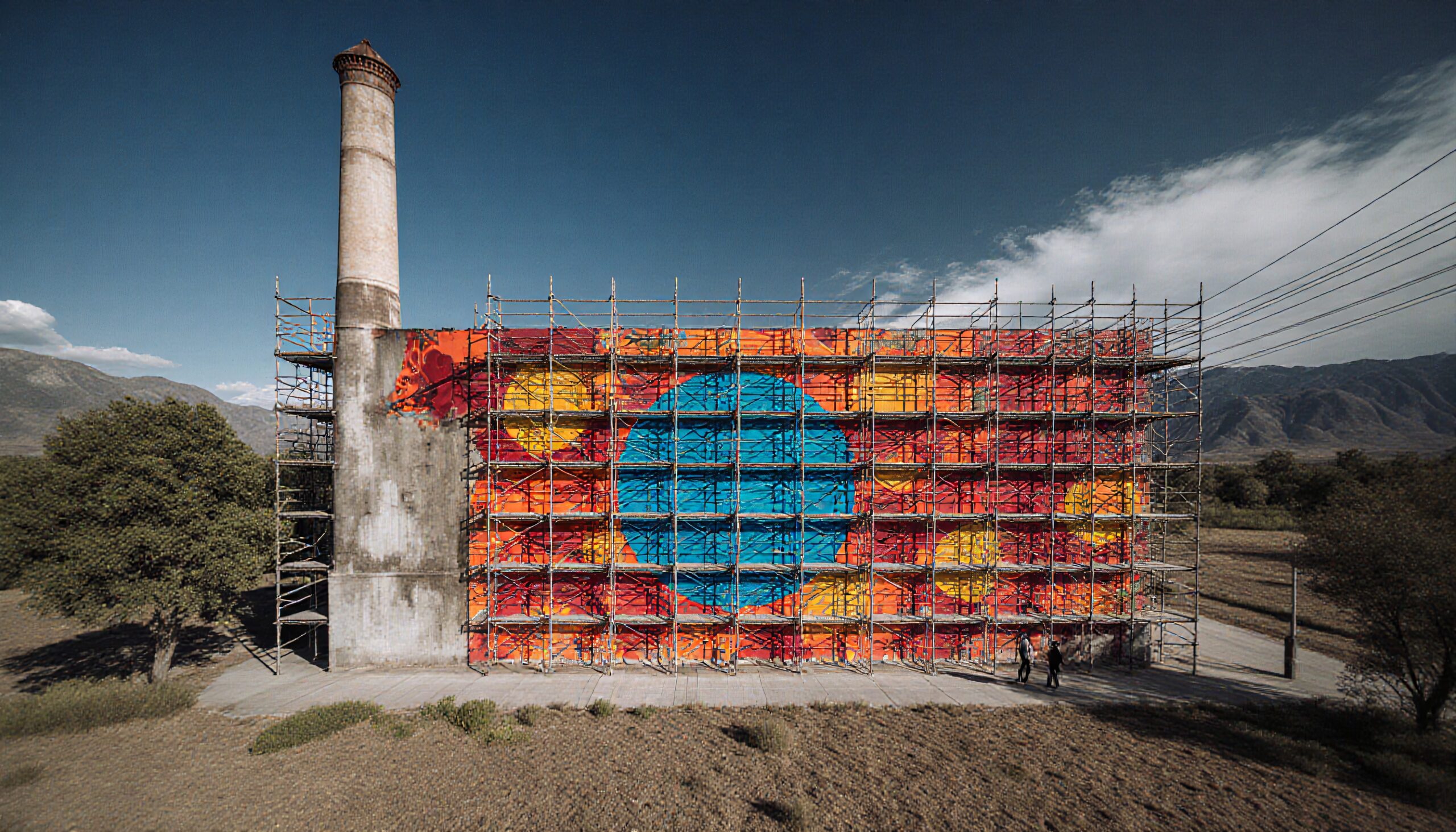 A vibrant mural on a rural industrial structure surrounded by mountains.