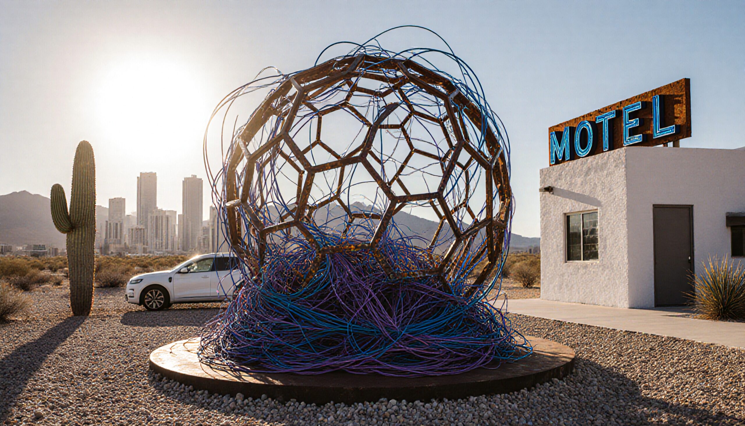 A captivating desert scene with a metal and wire sculpture, cactus, and motel under a glowing sun.
