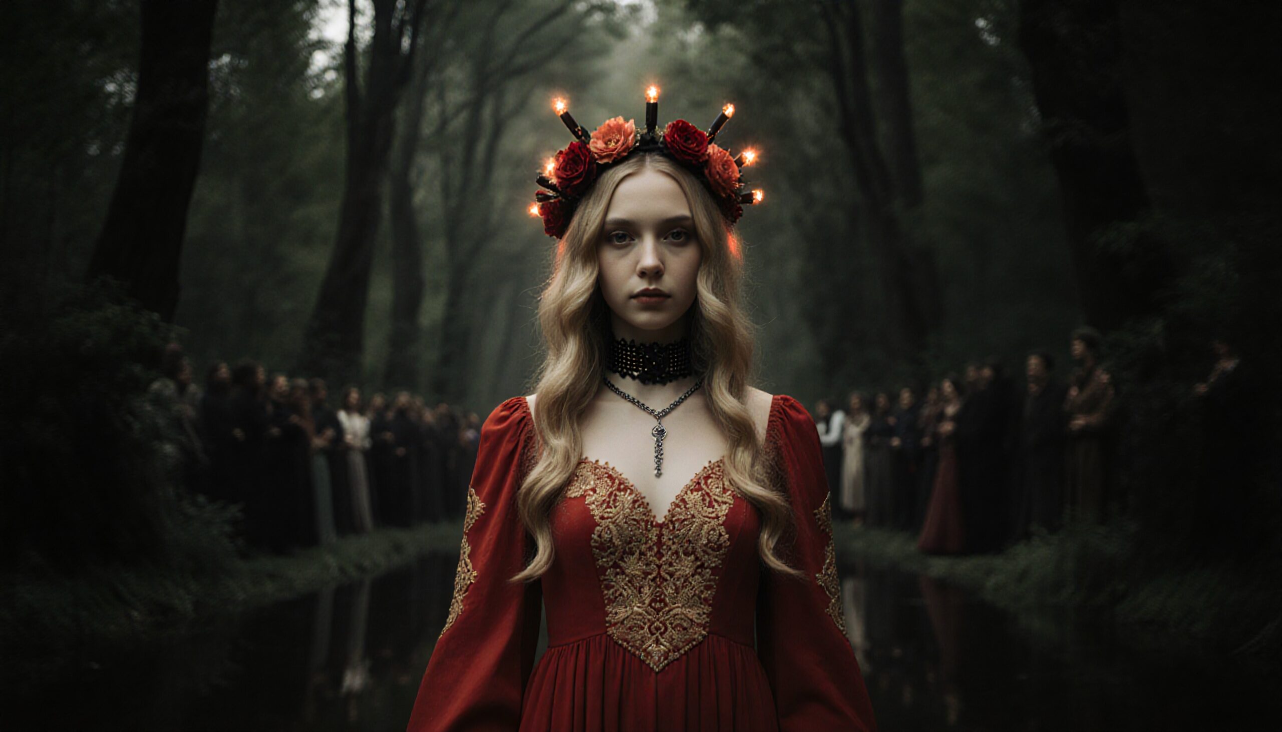 A woman in a red dress stands on a forest path, surrounded by a crowd, wearing a crown of candles and roses.