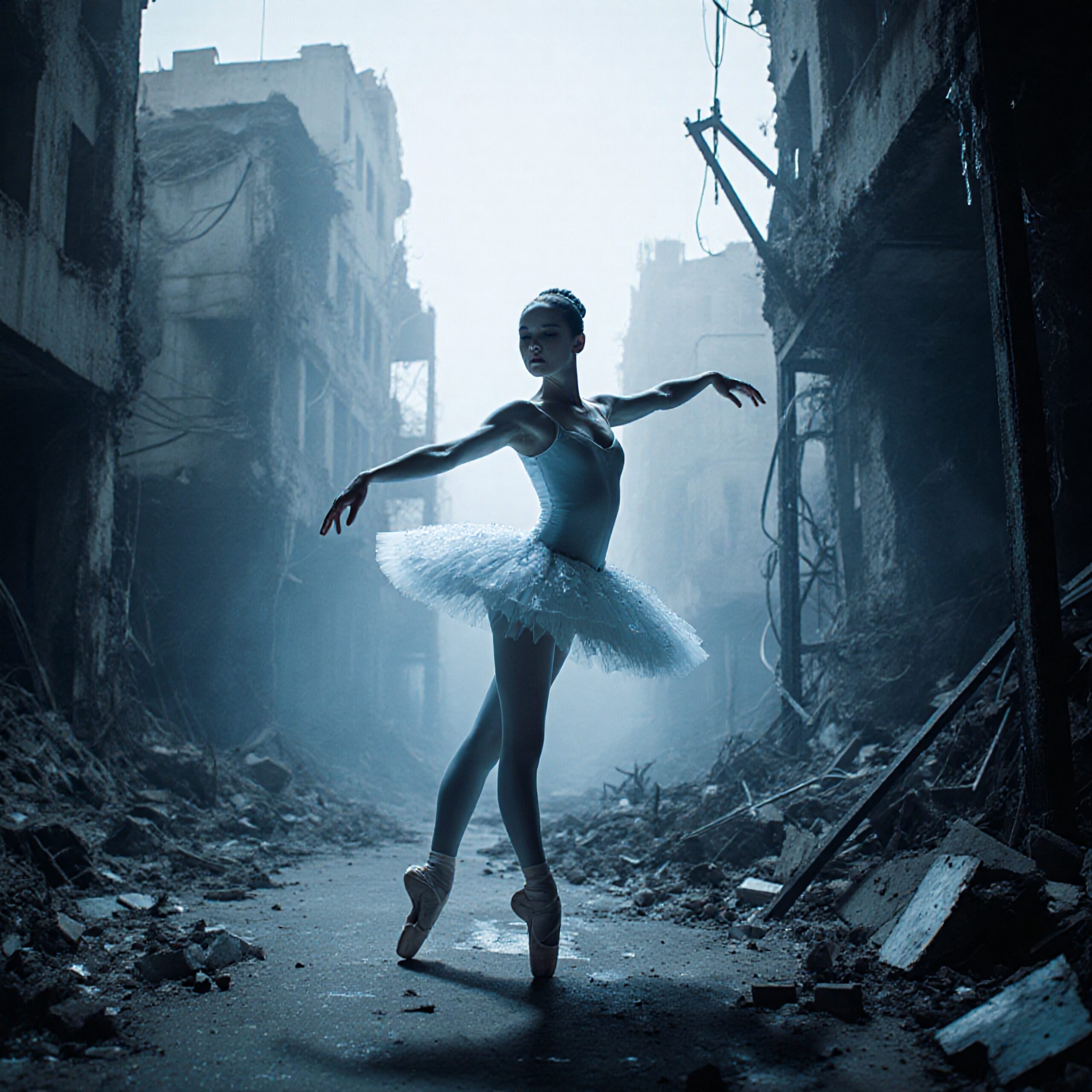 Ballerina dancing amidst urban ruins, illustrating resilience and beauty in a desolate, post-apocalyptic setting.