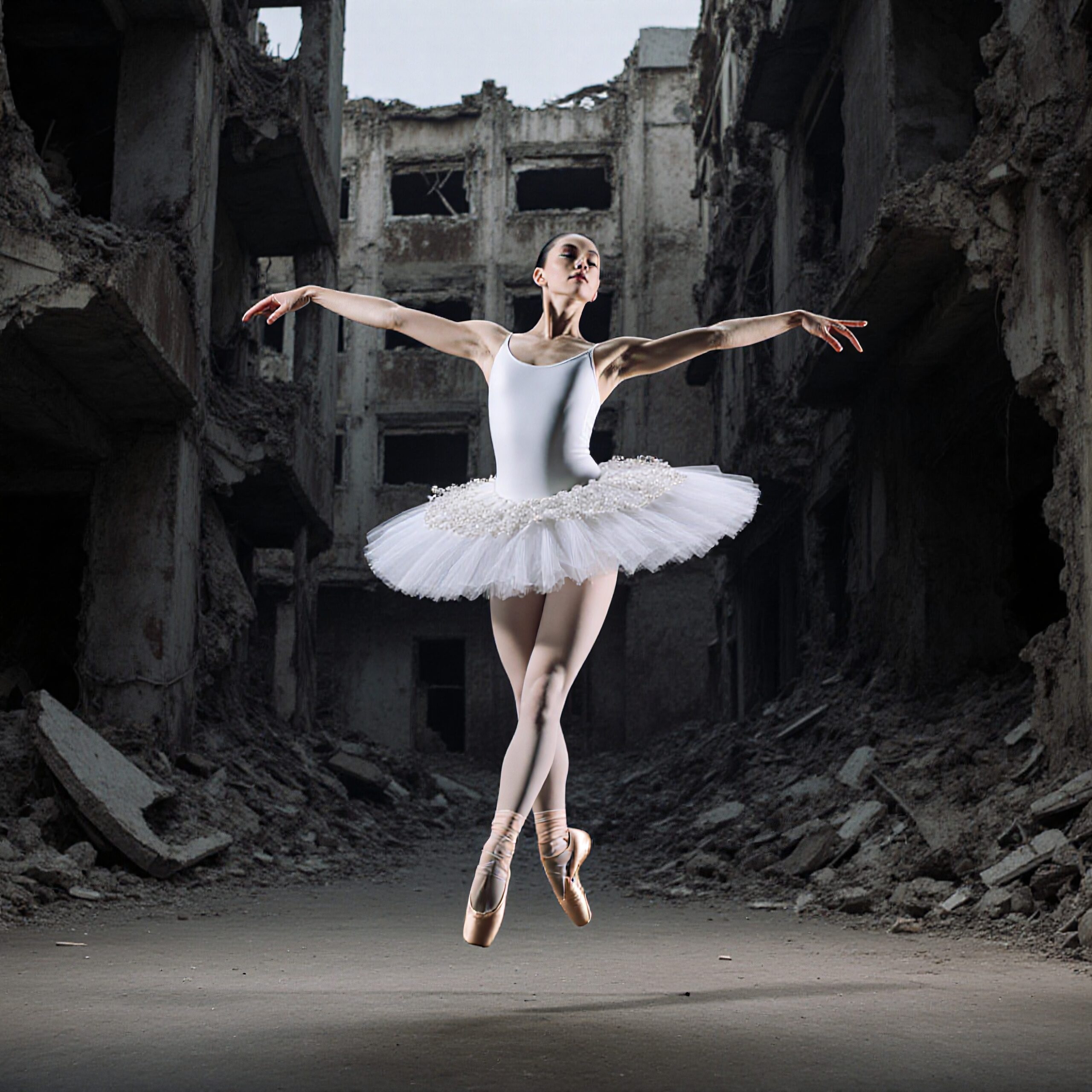 A ballerina performs in ruins, juxtaposing grace and decay.