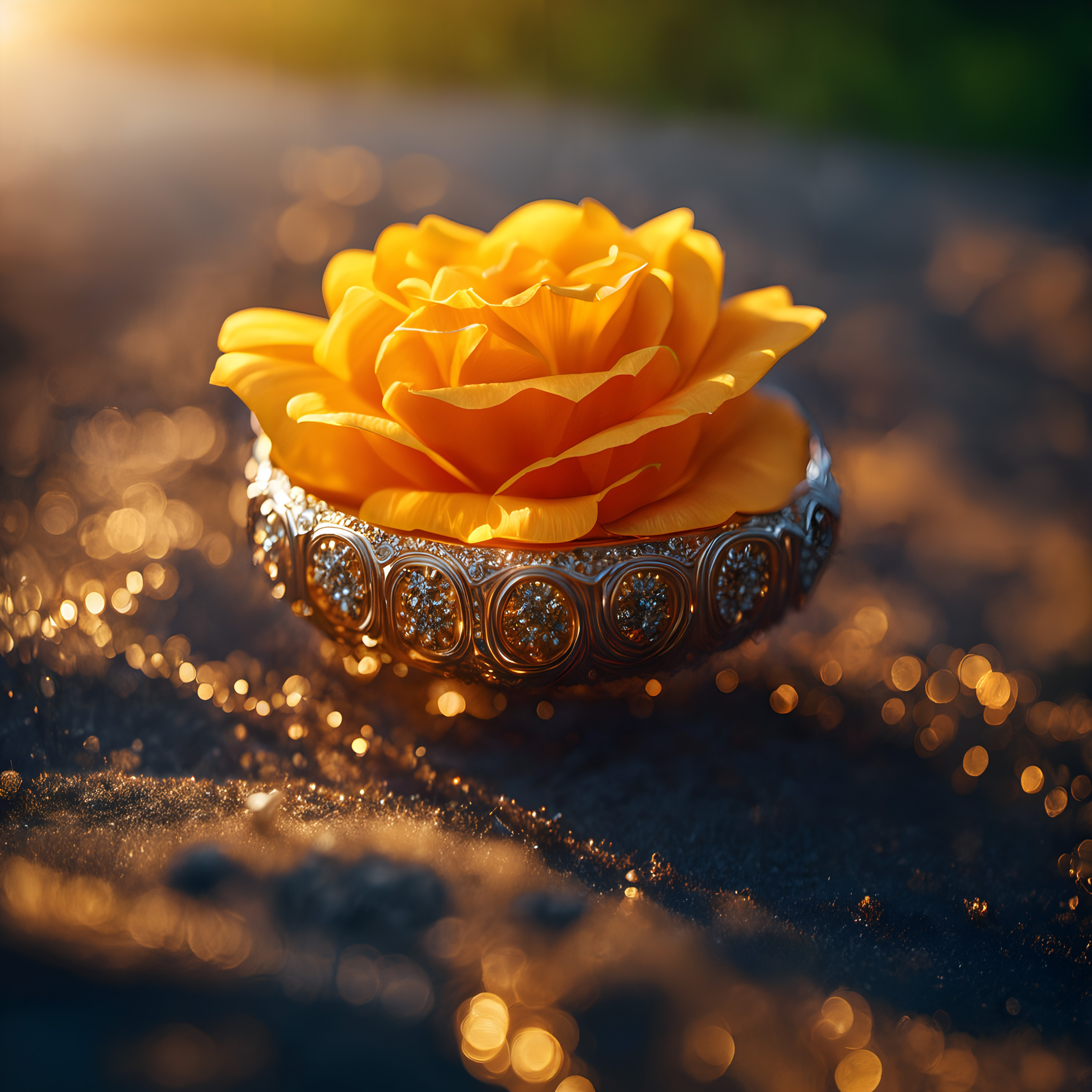 A vibrant yellow rose in an ornate, gemstone-adorned bowl with warm bokeh lighting.