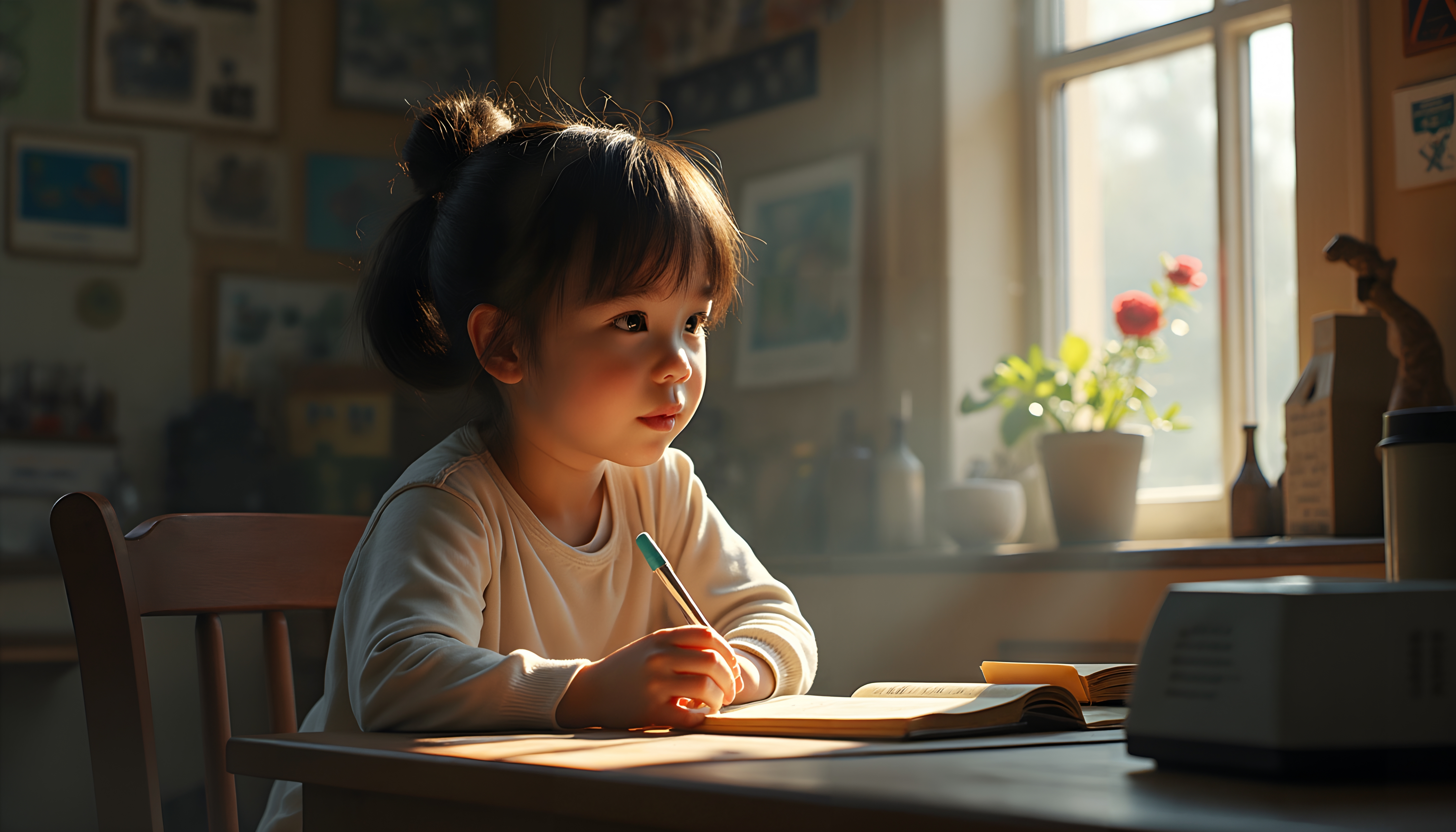 Young child writing at a sunlit table by a window with flowers.