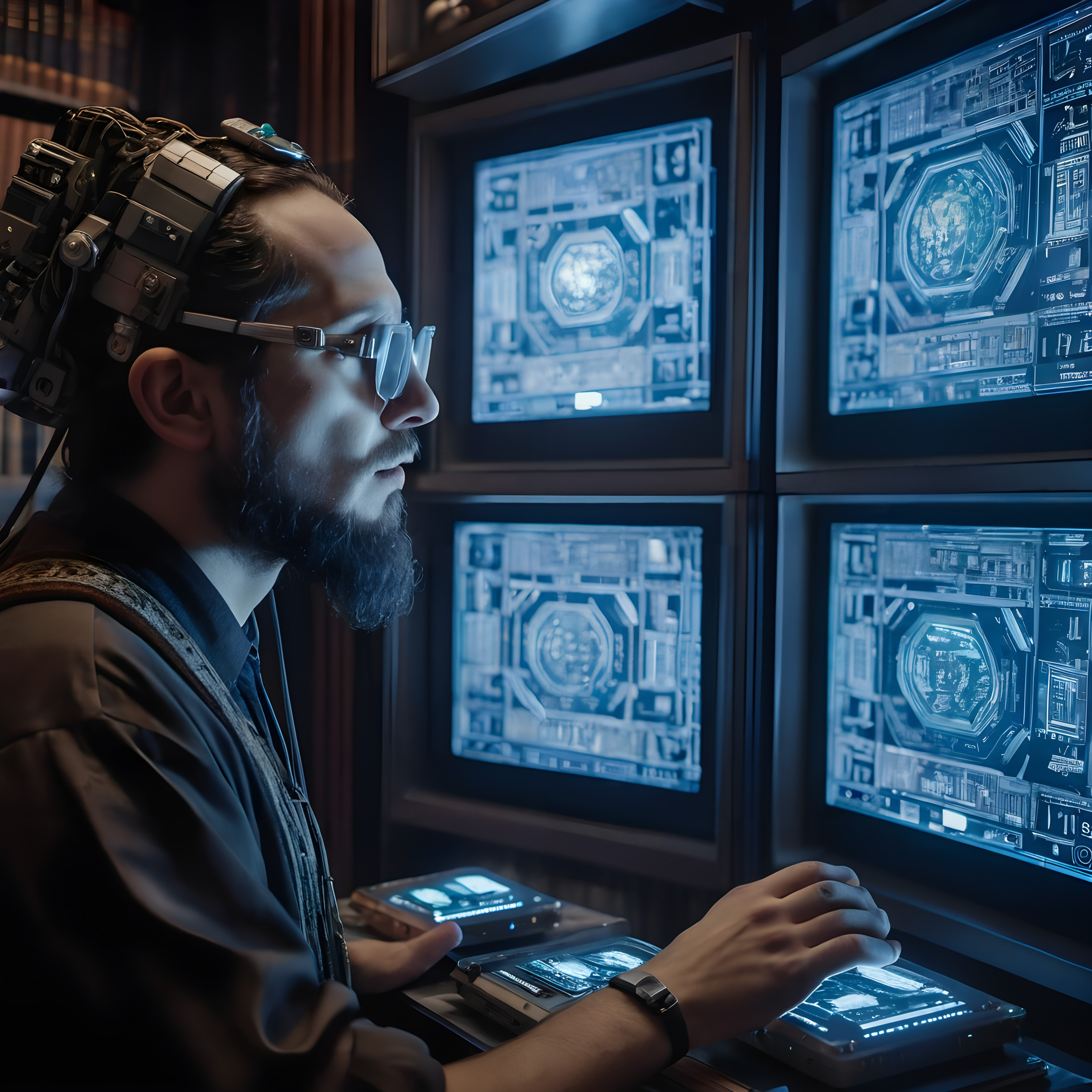 A man using augmented reality glasses interacts with futuristic digital interfaces and technology in a dimly lit, cybernetic environment.