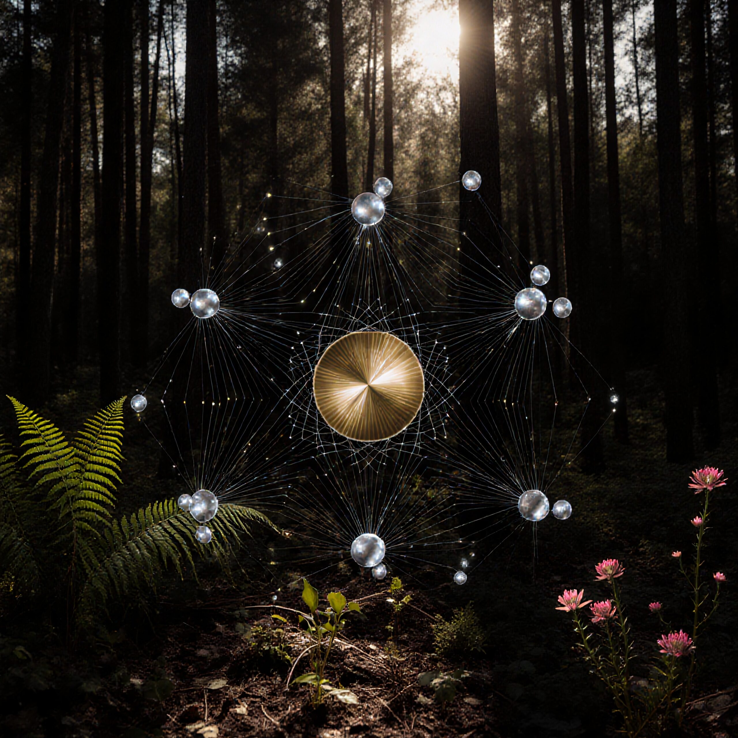 A golden sphere interconnected with silver spheres floats amidst a serene forest, blending natural beauty and futuristic design seamlessly.