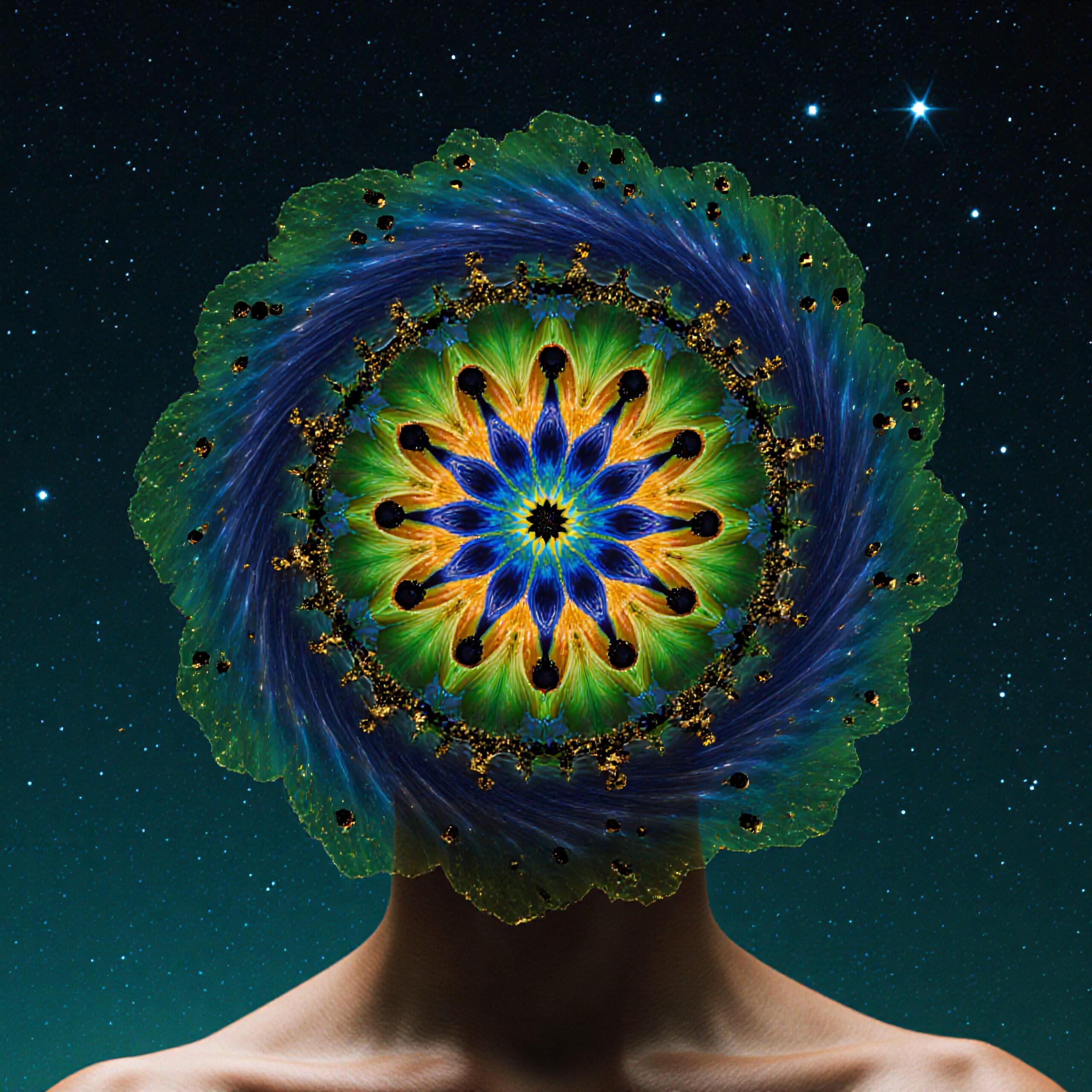 A human with a colorful kaleidoscopic mandala head against a starry night sky.
