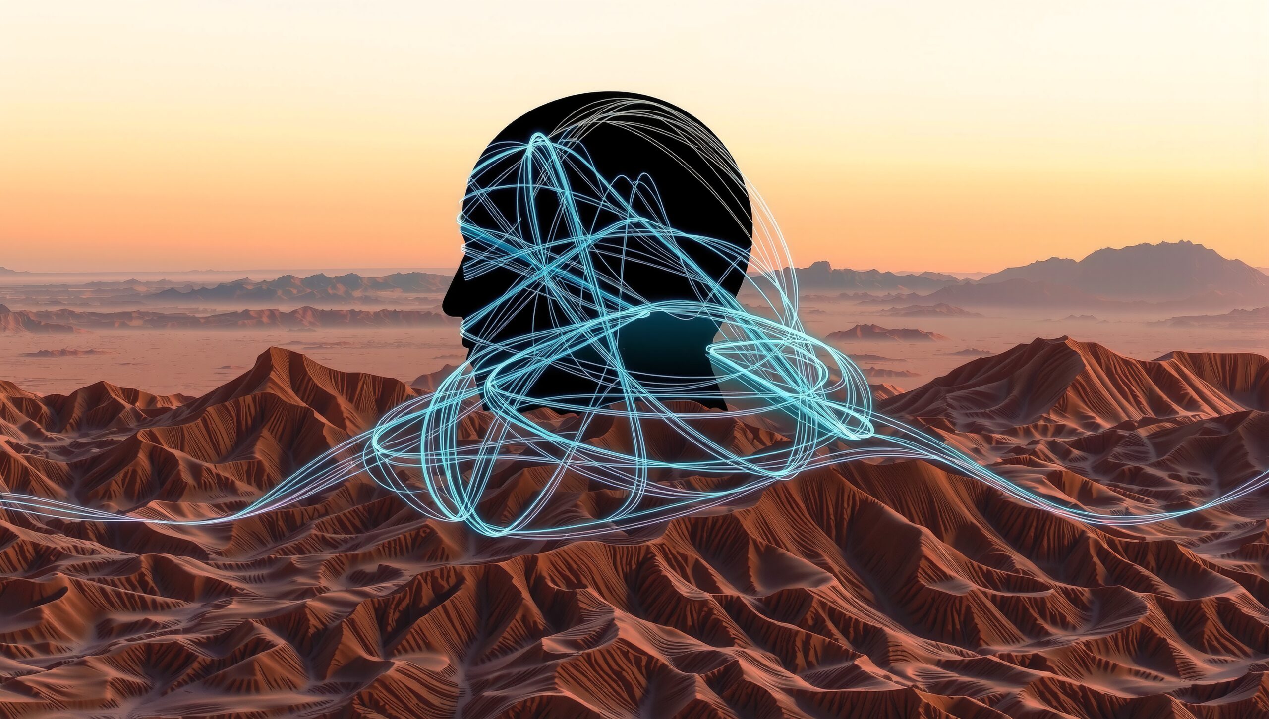 Surreal desert artwork with abstract human head silhouette interwoven with glowing blue lines.