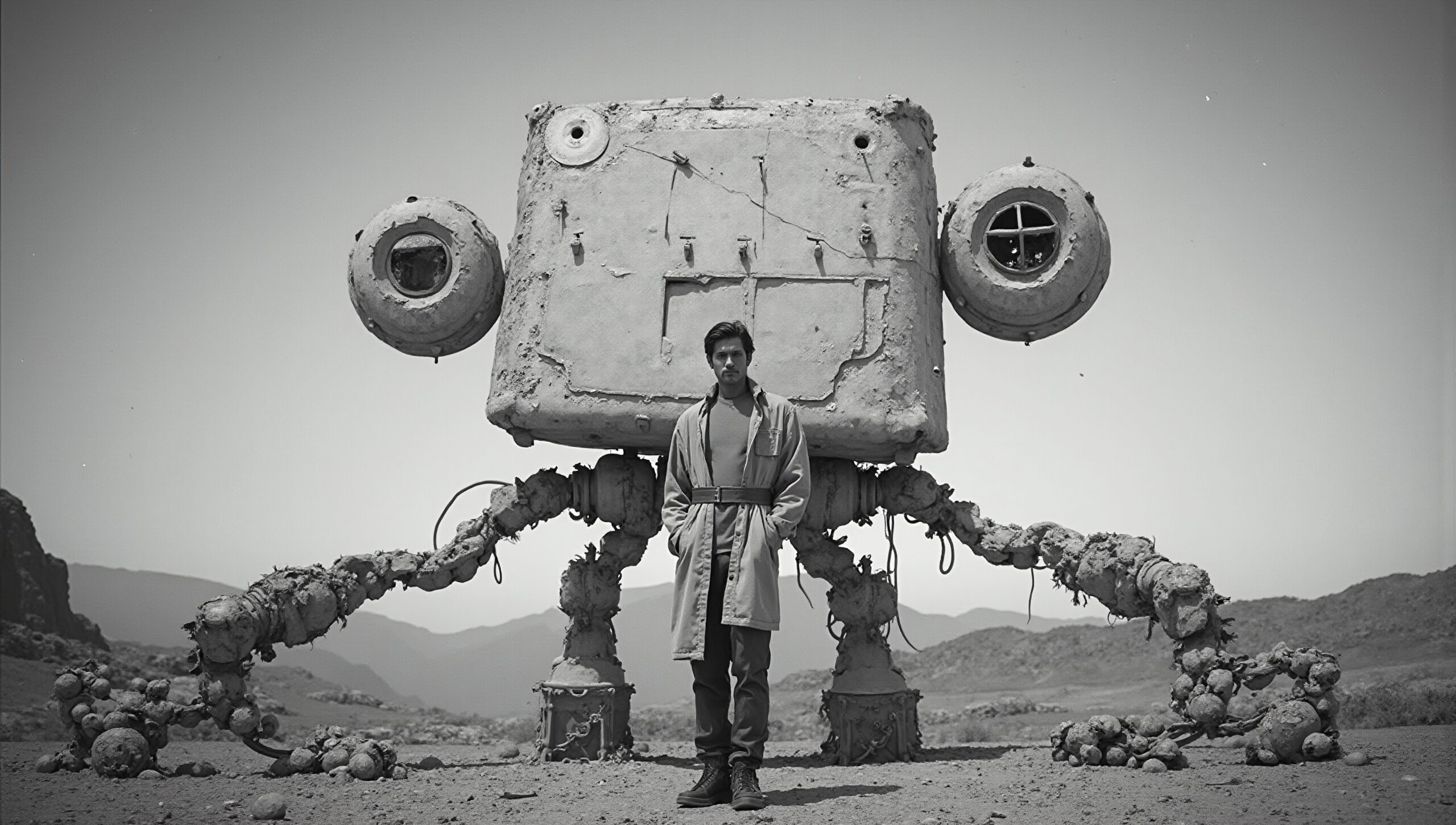 Man stands before large robot in desolate desert landscape.