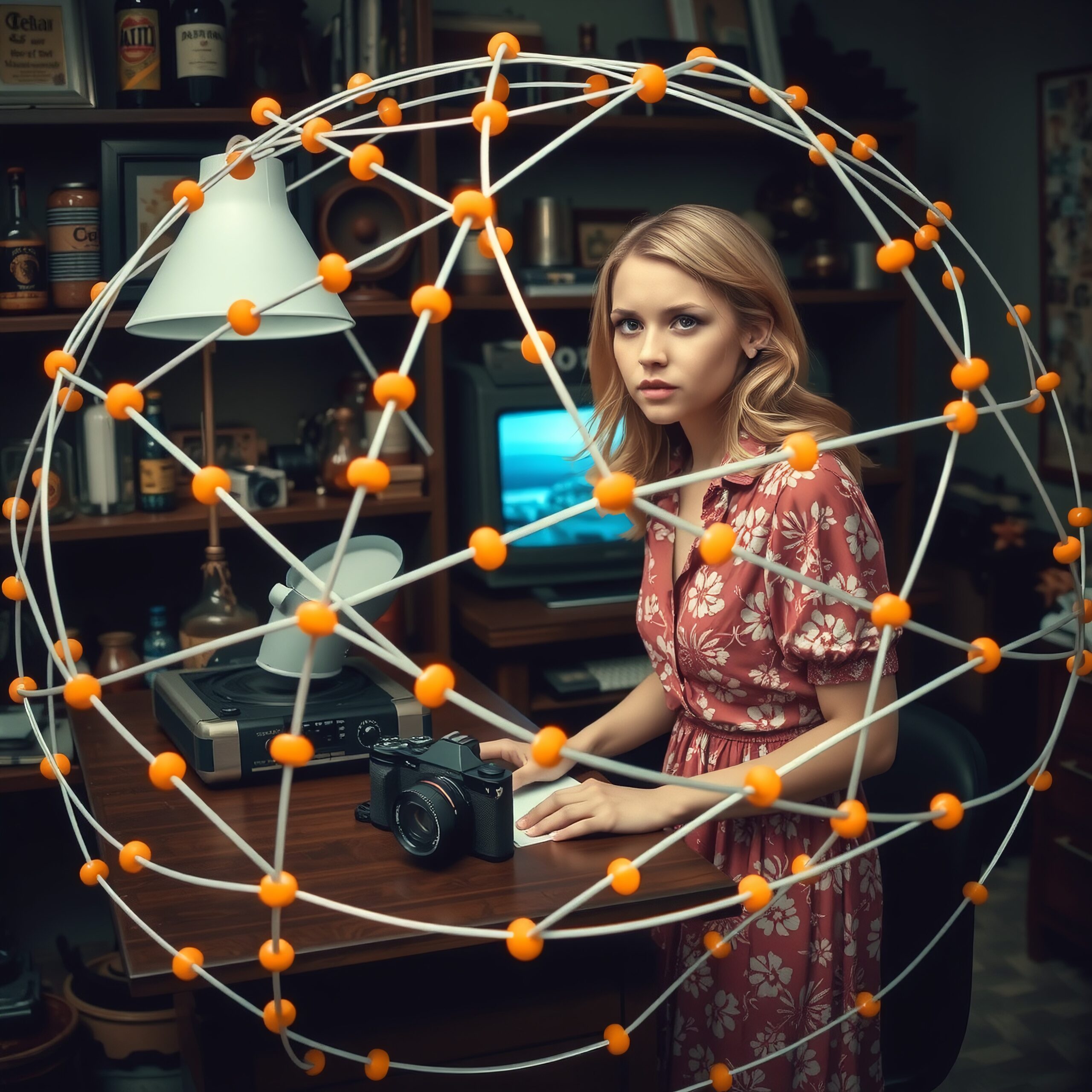 Woman sitting at desk with molecular model structure in retro-themed room.