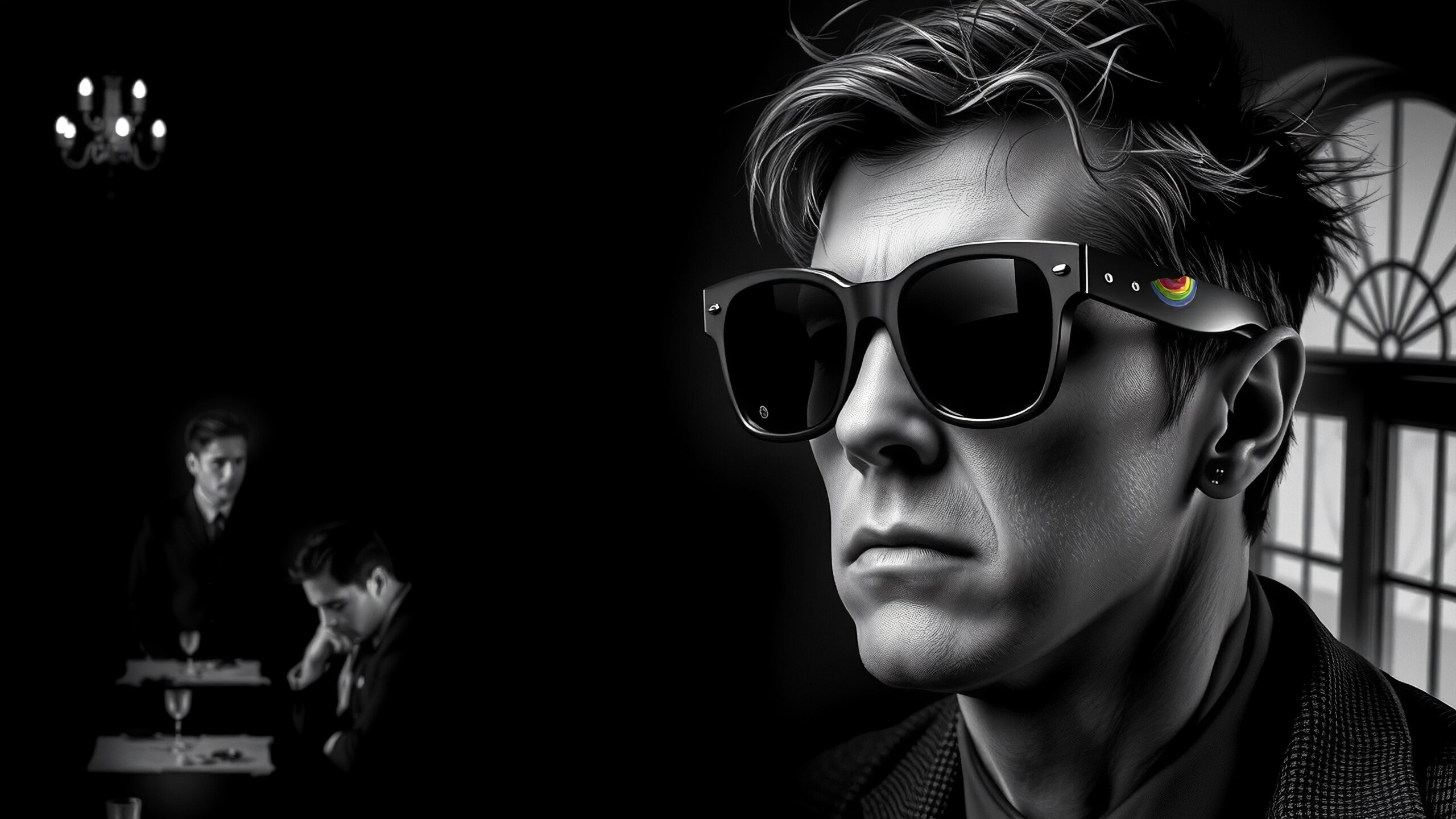 A man in sunglasses with colorful emblem and introspective background.