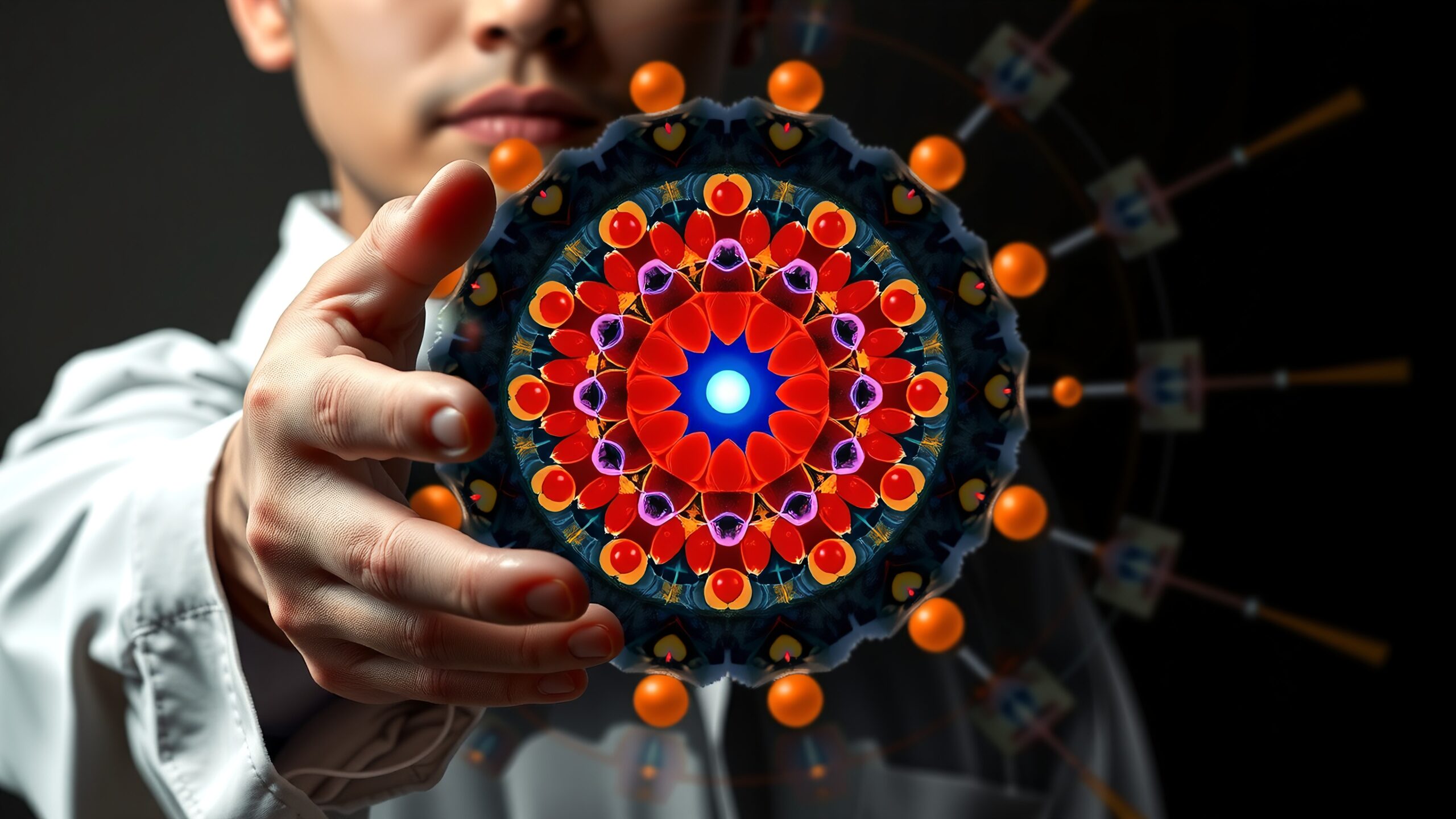 A person holds a vibrant mandala-like object in focus, set against a dark background, highlighting its colorful symmetrical patterns.