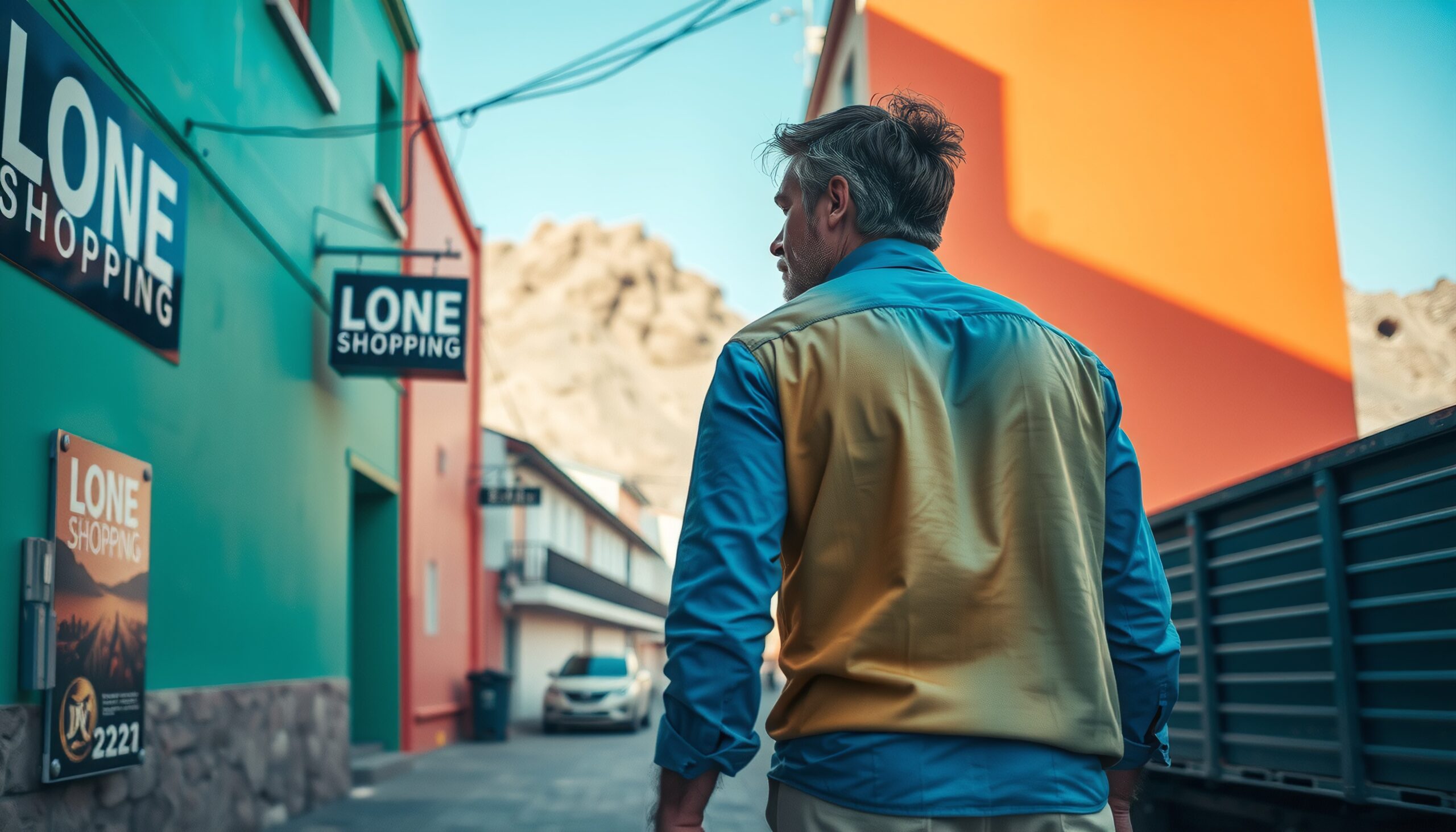 A man walks along a vibrant alley with colorful buildings and shopping signs.