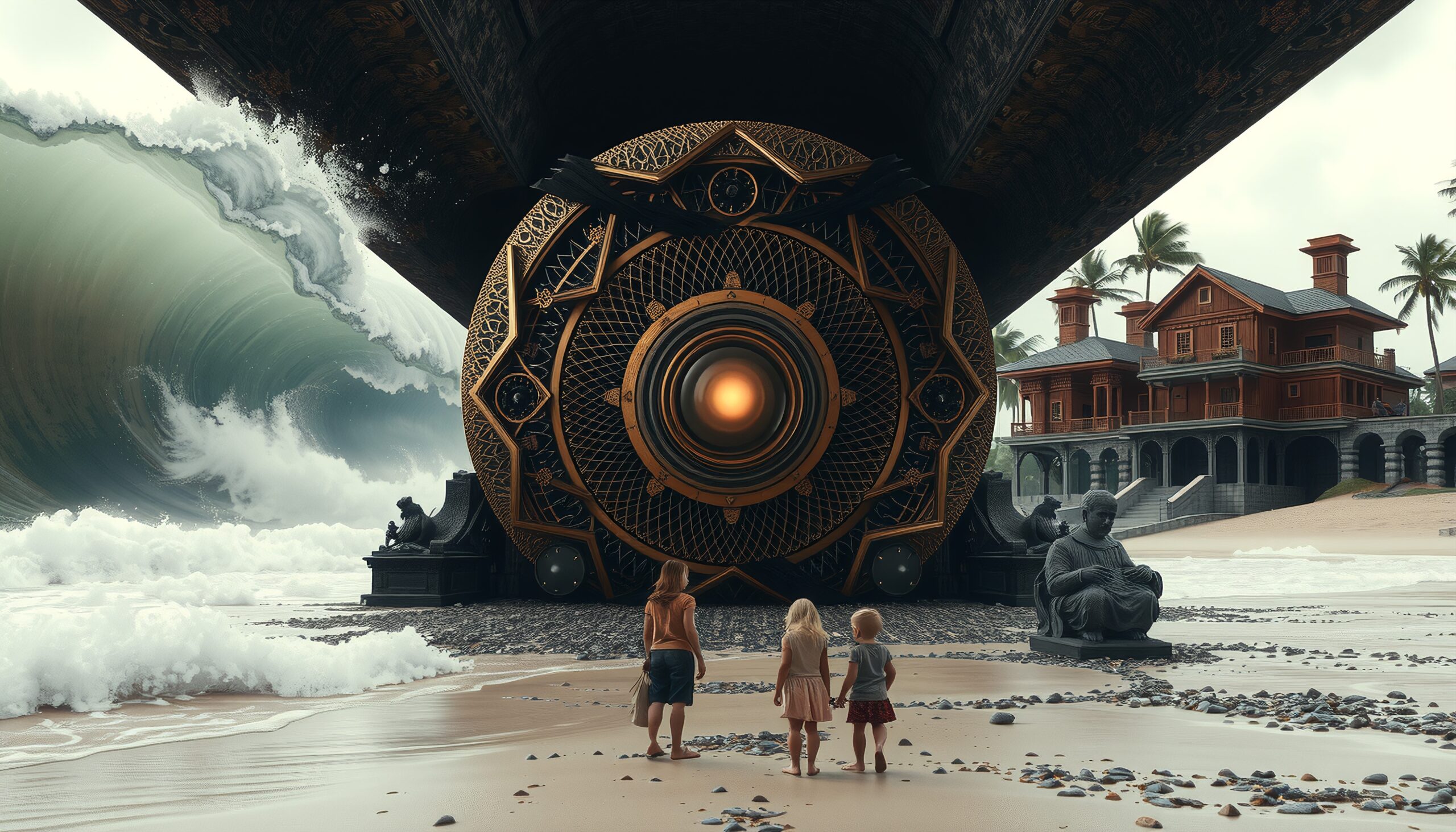 Three children stand on a beach, facing a massive, intricate structure with crashing waves, near a grand mansion.