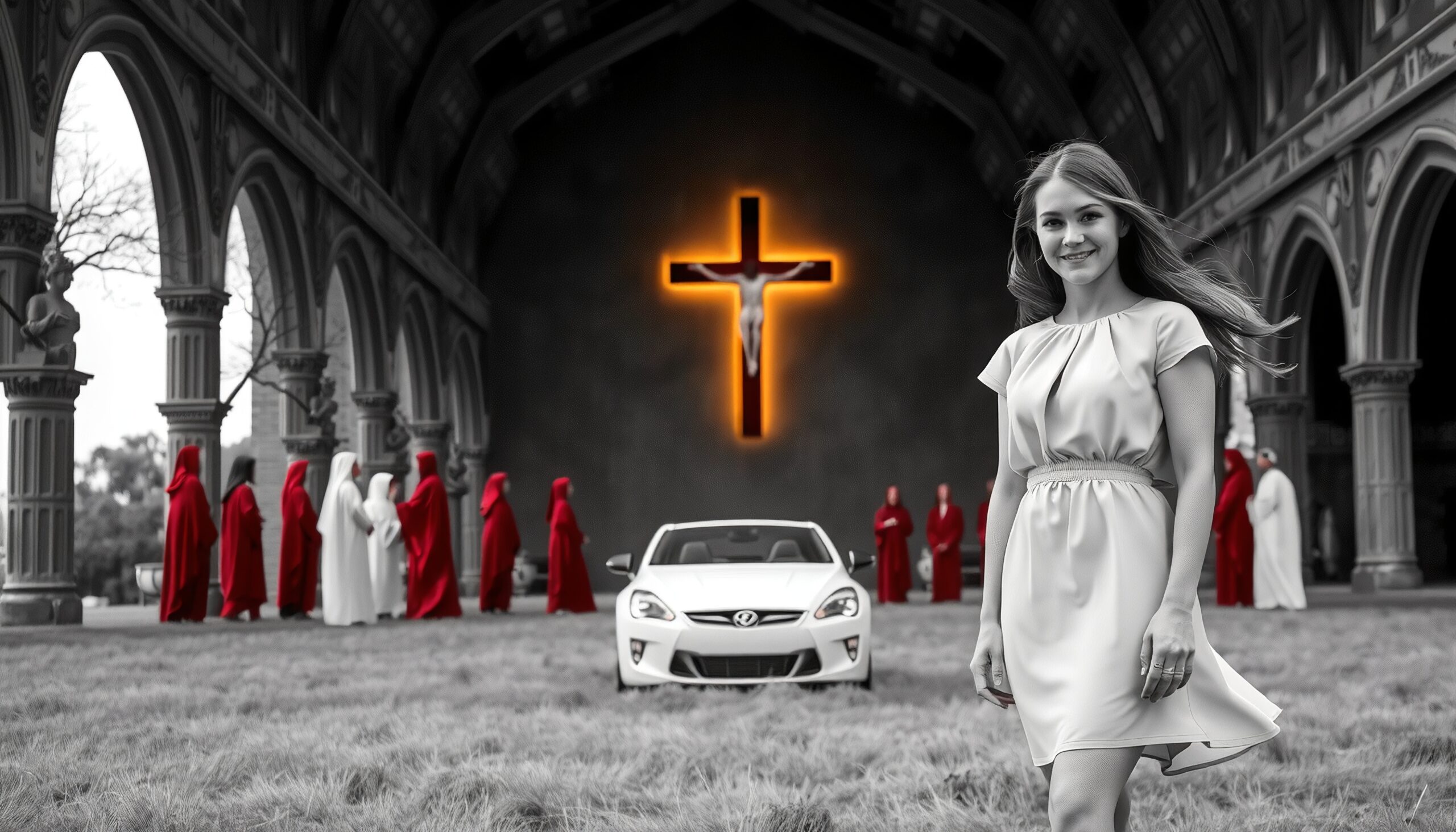 A woman in white stands amidst robed figures under arches with a glowing cross and parked car.