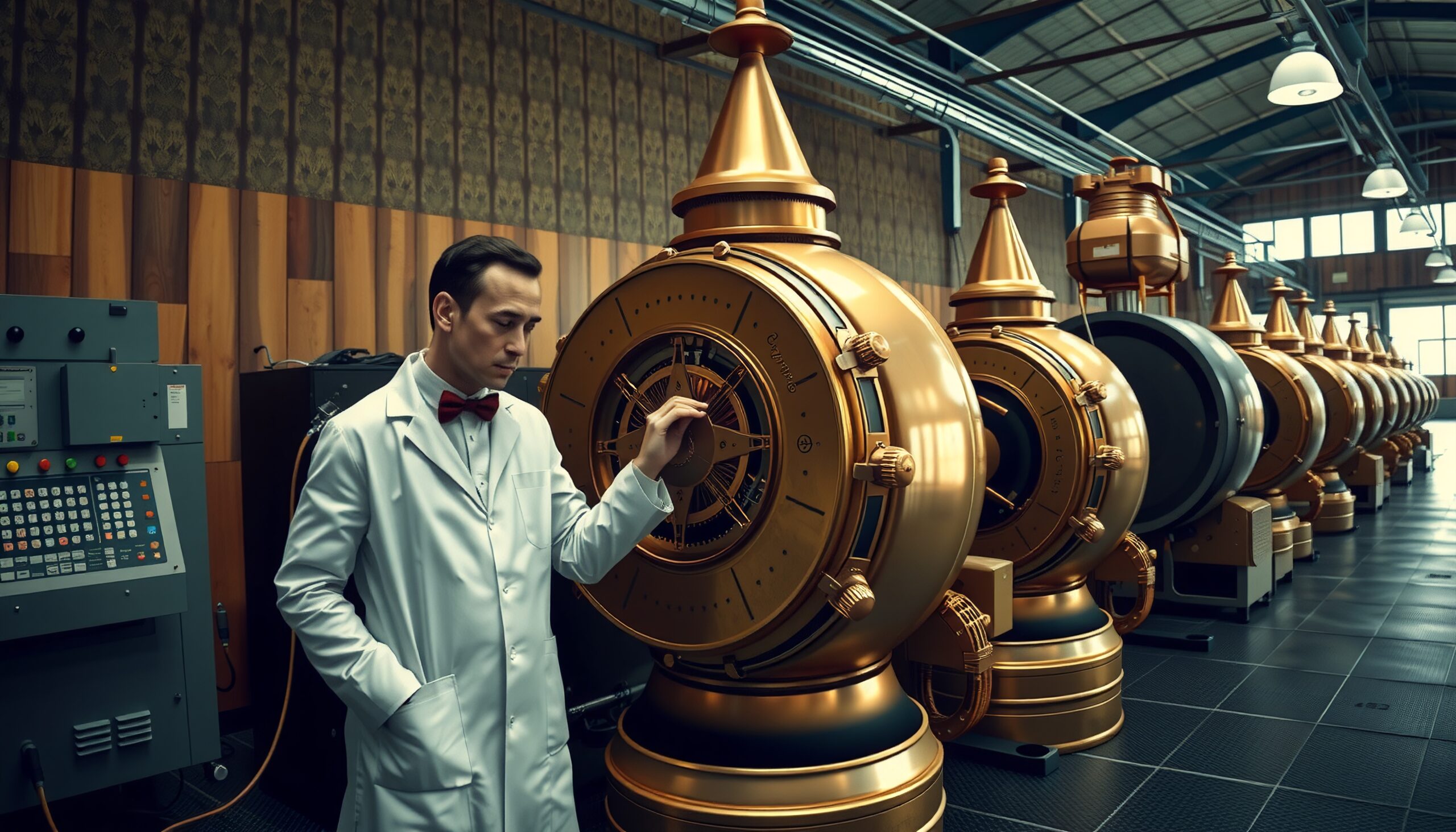 A scientist examines steampunk machines in a laboratory.
