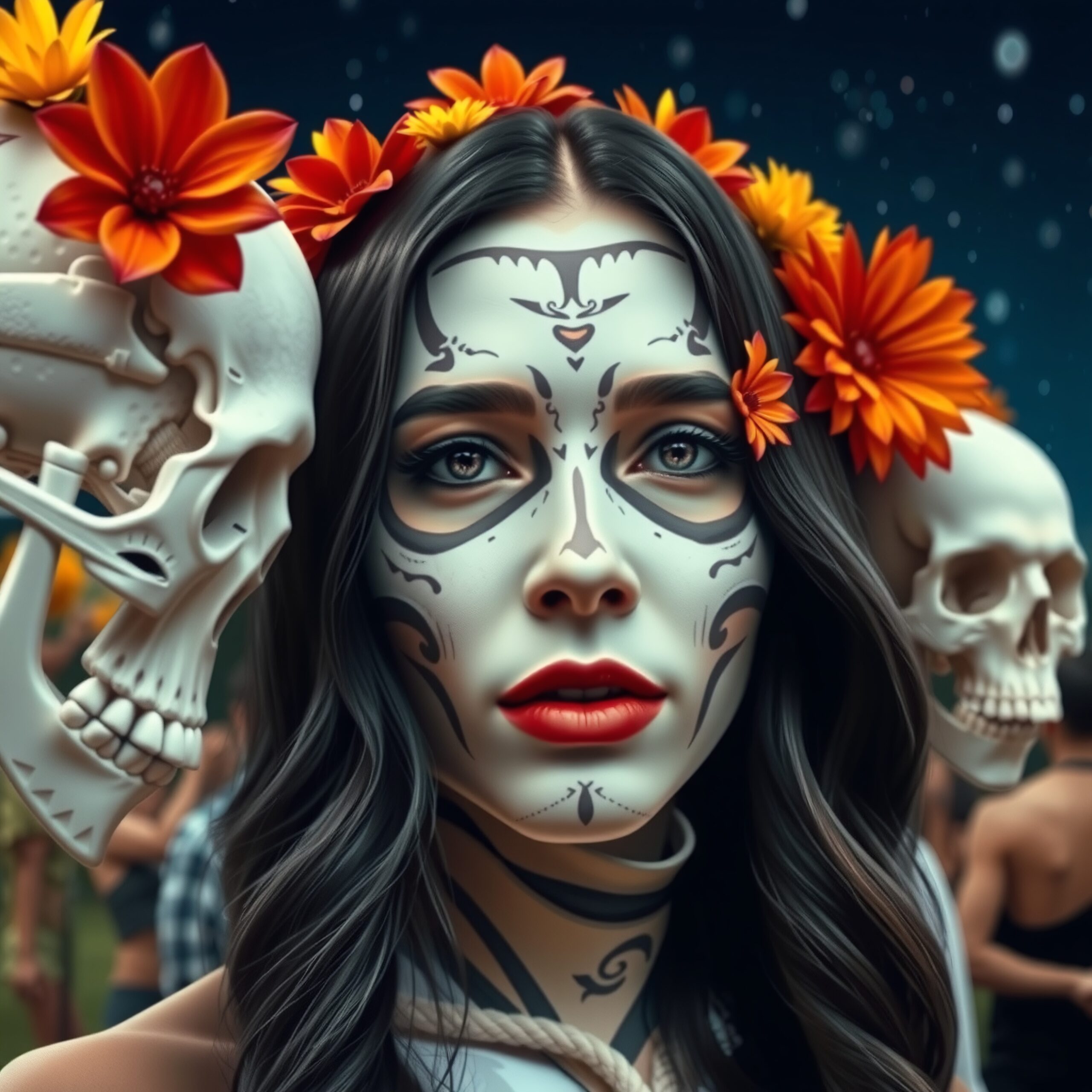 A woman with Dia de los Muertos face paint, adorned with vibrant flowers, amidst skulls under a night sky.