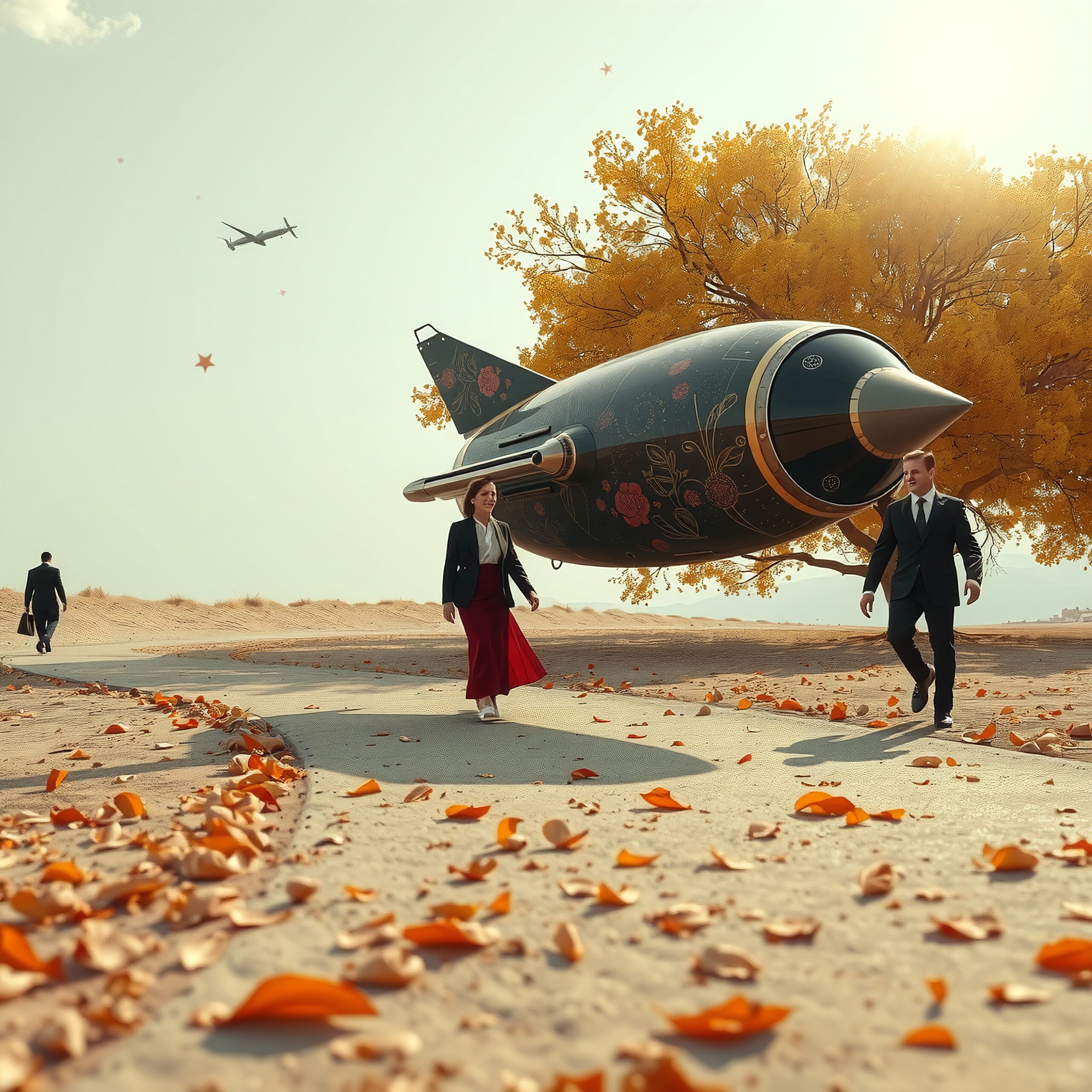 A surreal desert scene with a floral rocket, two individuals in formal attire, and vibrant autumn leaves.