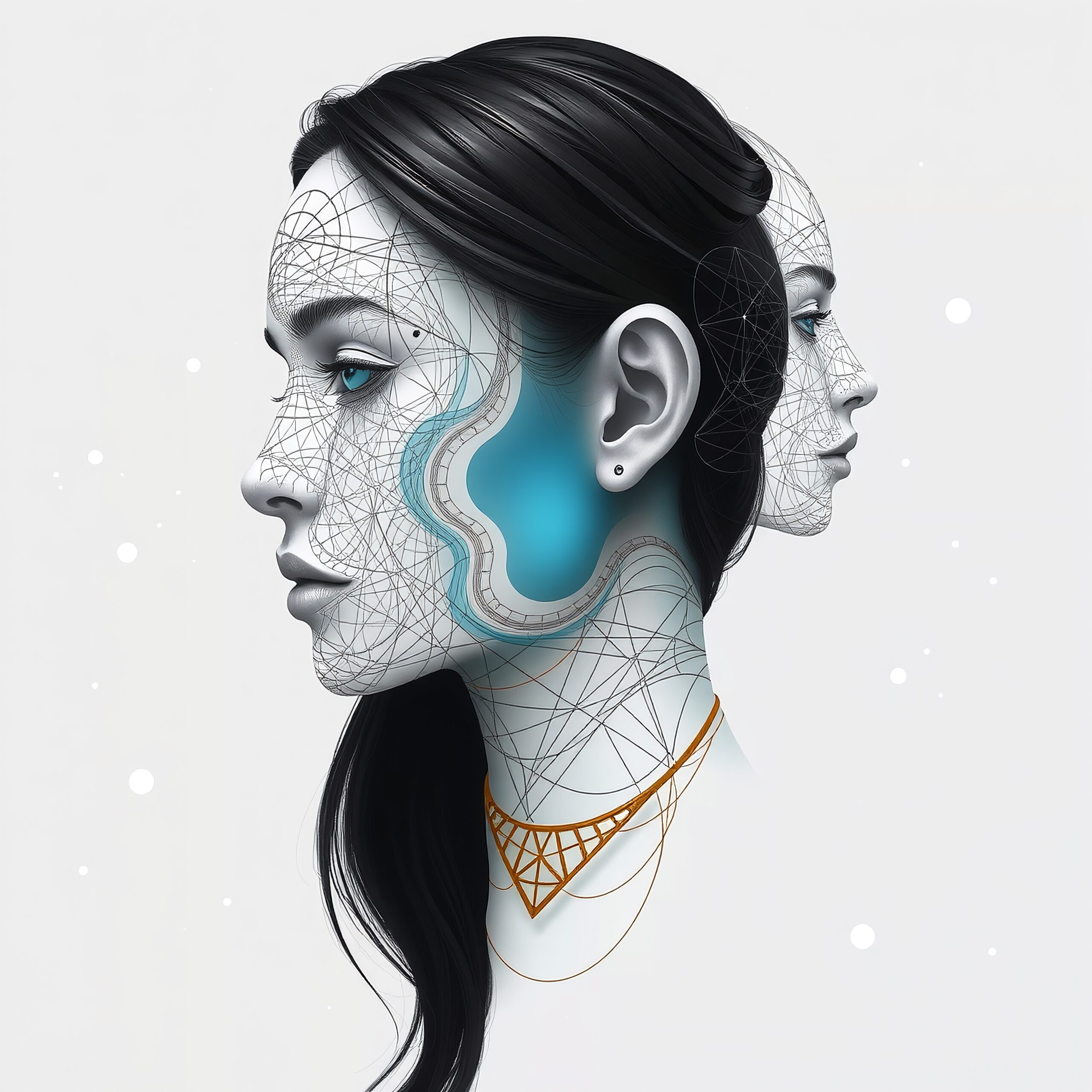 Futuristic digital illustration of women with geometric patterns and blue accents on a light background.