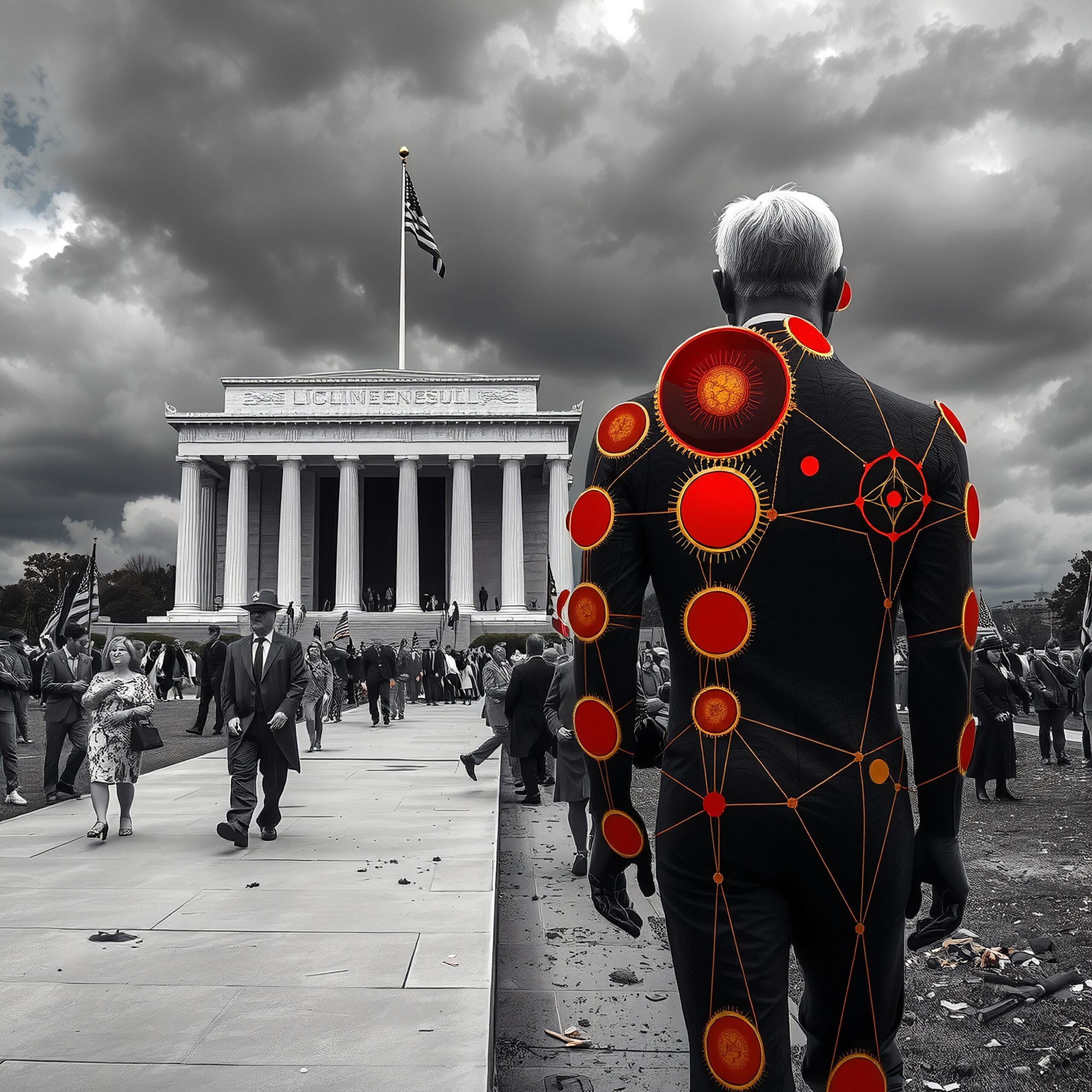 A futuristic figure stands before a historic monument with an intricate design suit.