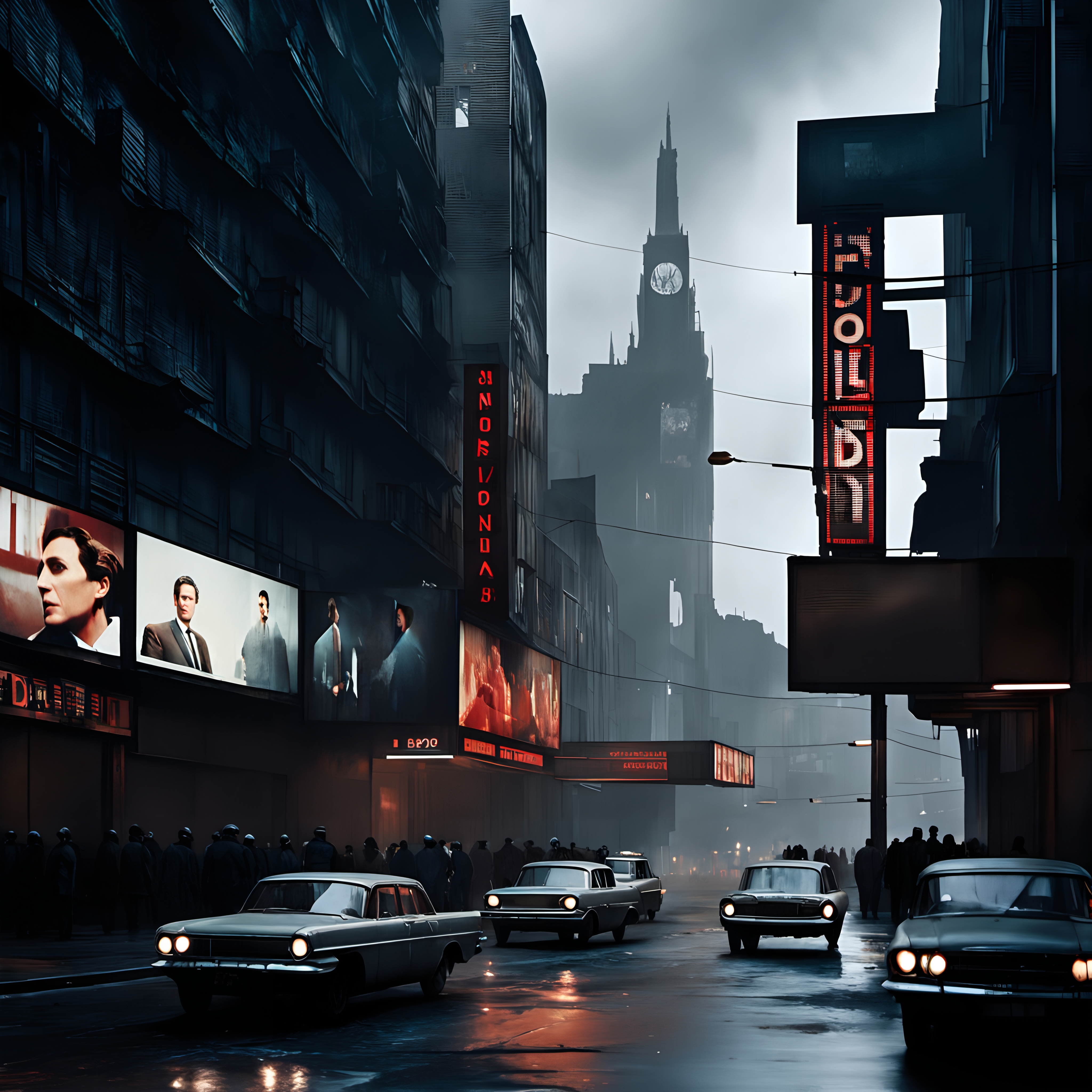 A bustling vintage city street illuminated by moody rain and neon lights.