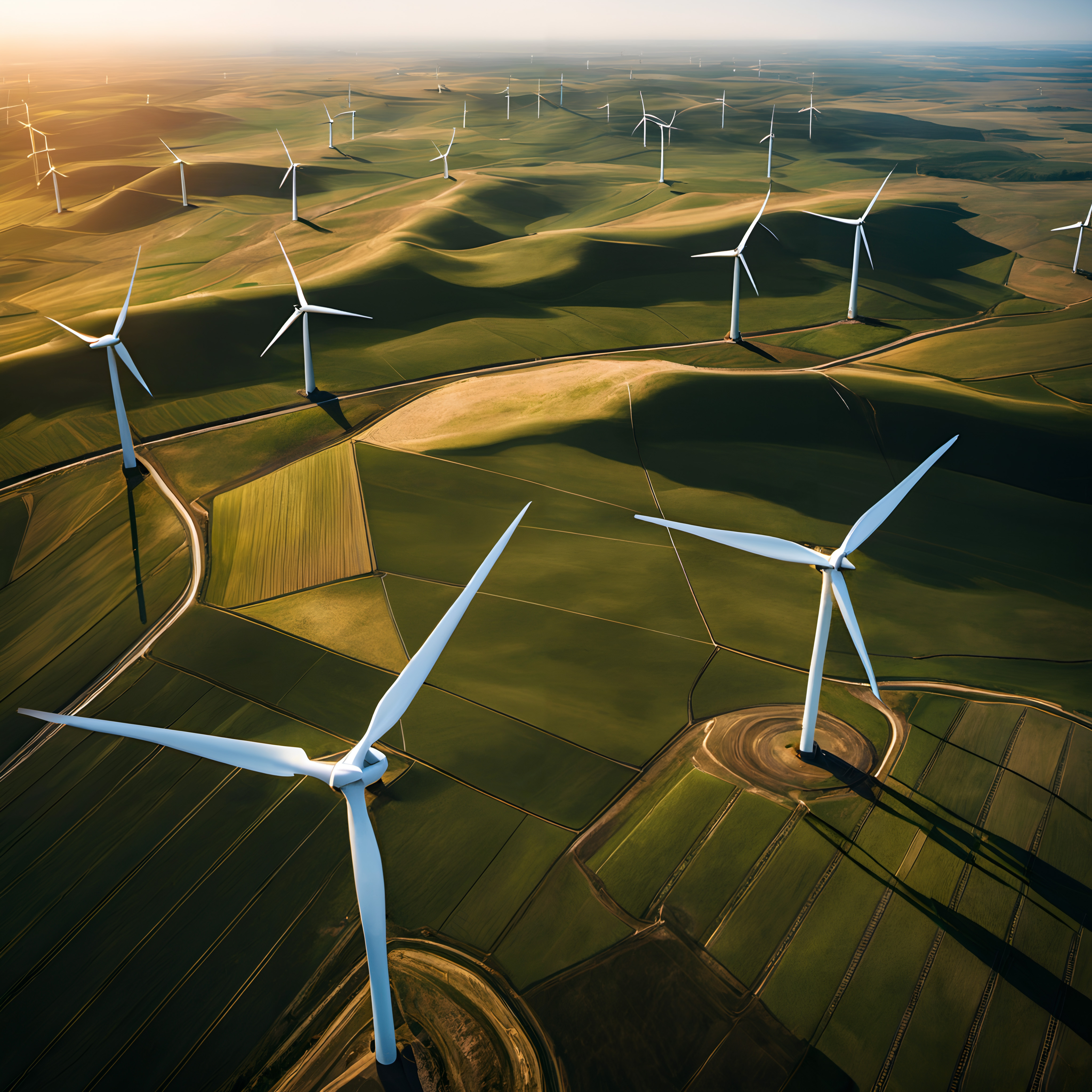 Aerial view of wind turbines on rolling green fields at sunset, highlighting sustainable energy and natural landscape harmony.