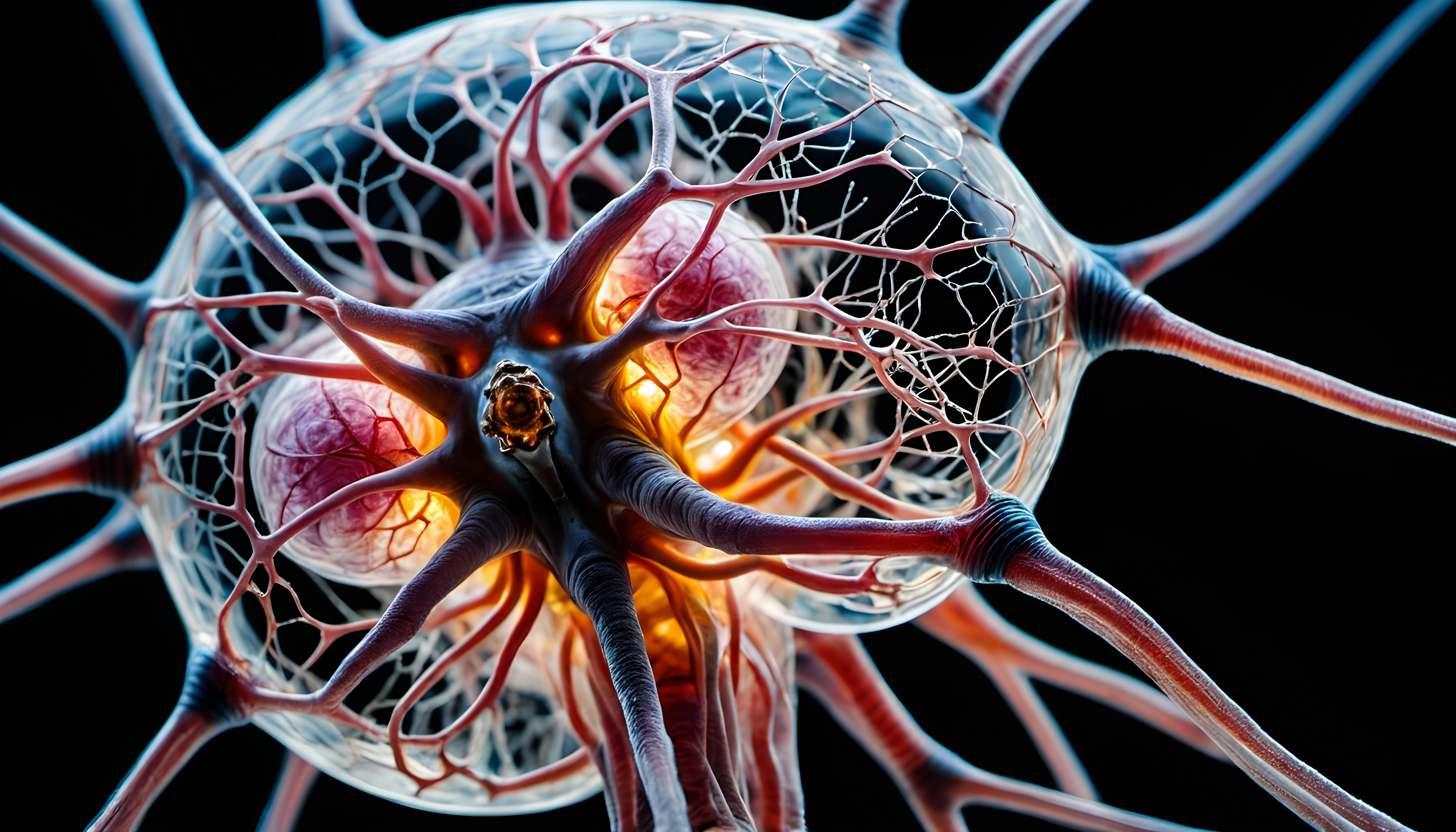 Close-up of intricate neuron structure with glowing network and vivid details against a black background.
