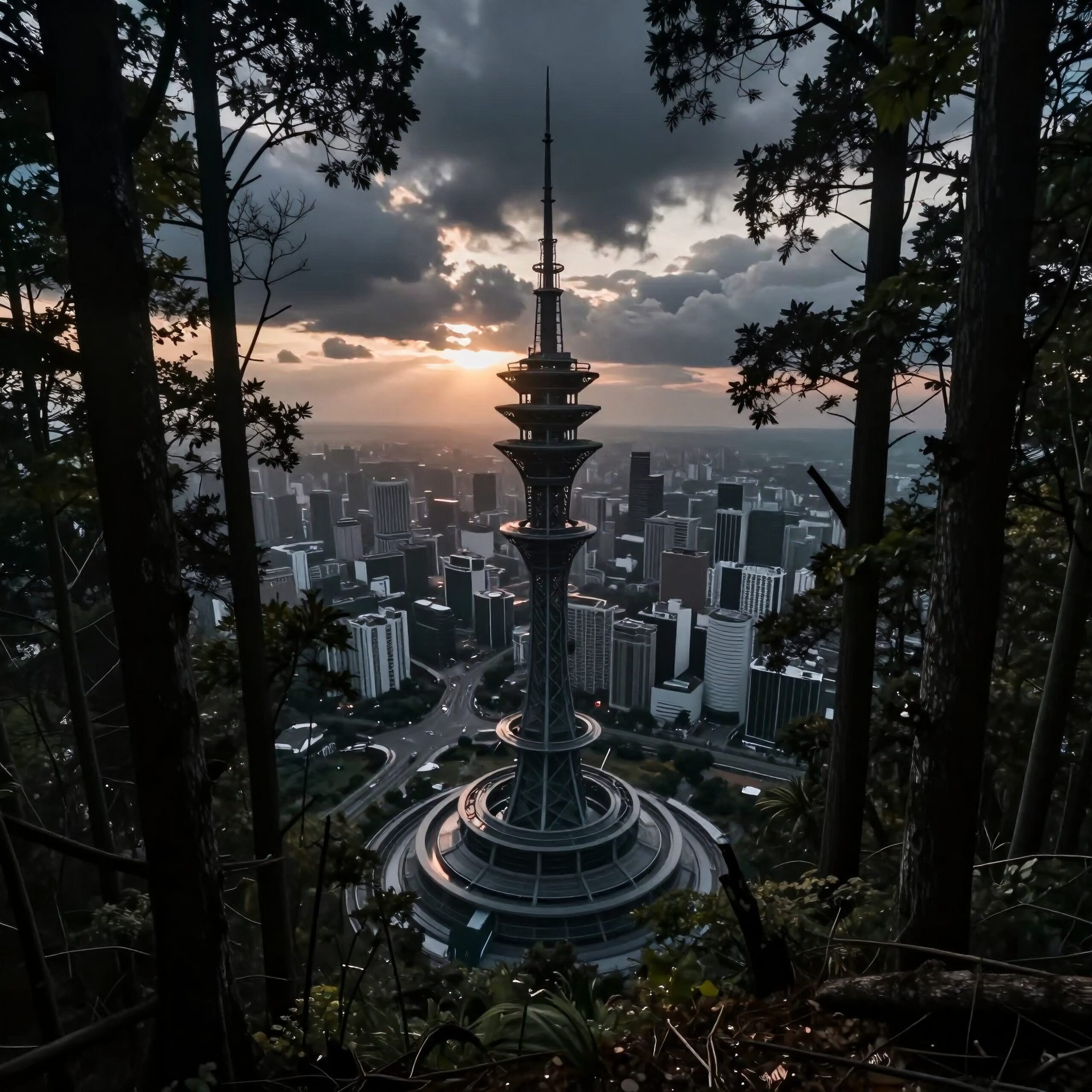Dramatic cityscape with modern tower and sunset.