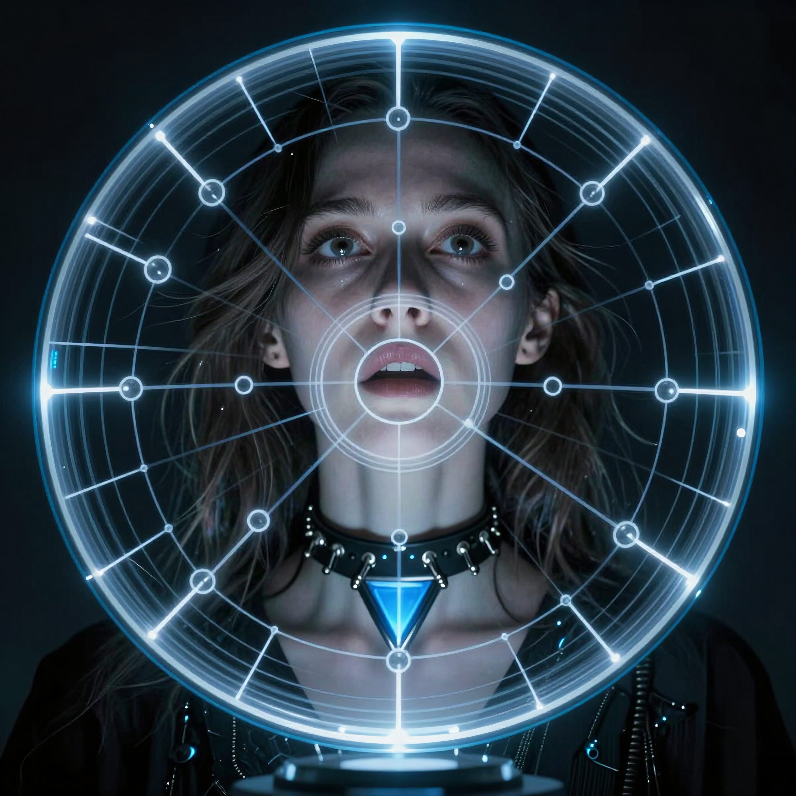 A young woman interacts with a futuristic holographic interface displaying intricate geometric patterns.