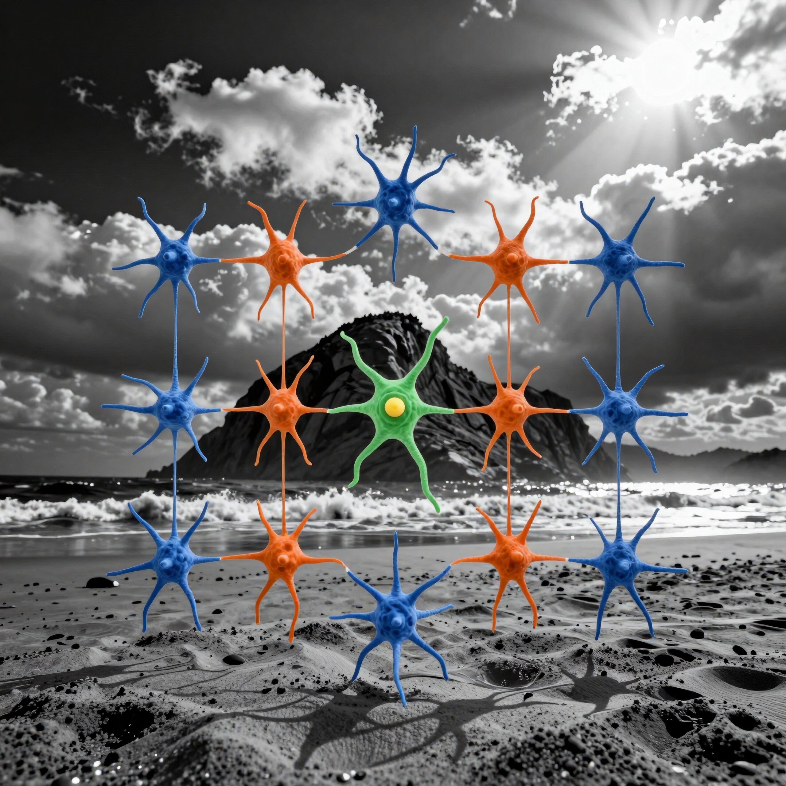 Colorful neurons over monochrome beach scene, vibrant abstract art with mountain backdrop and dynamic sky.