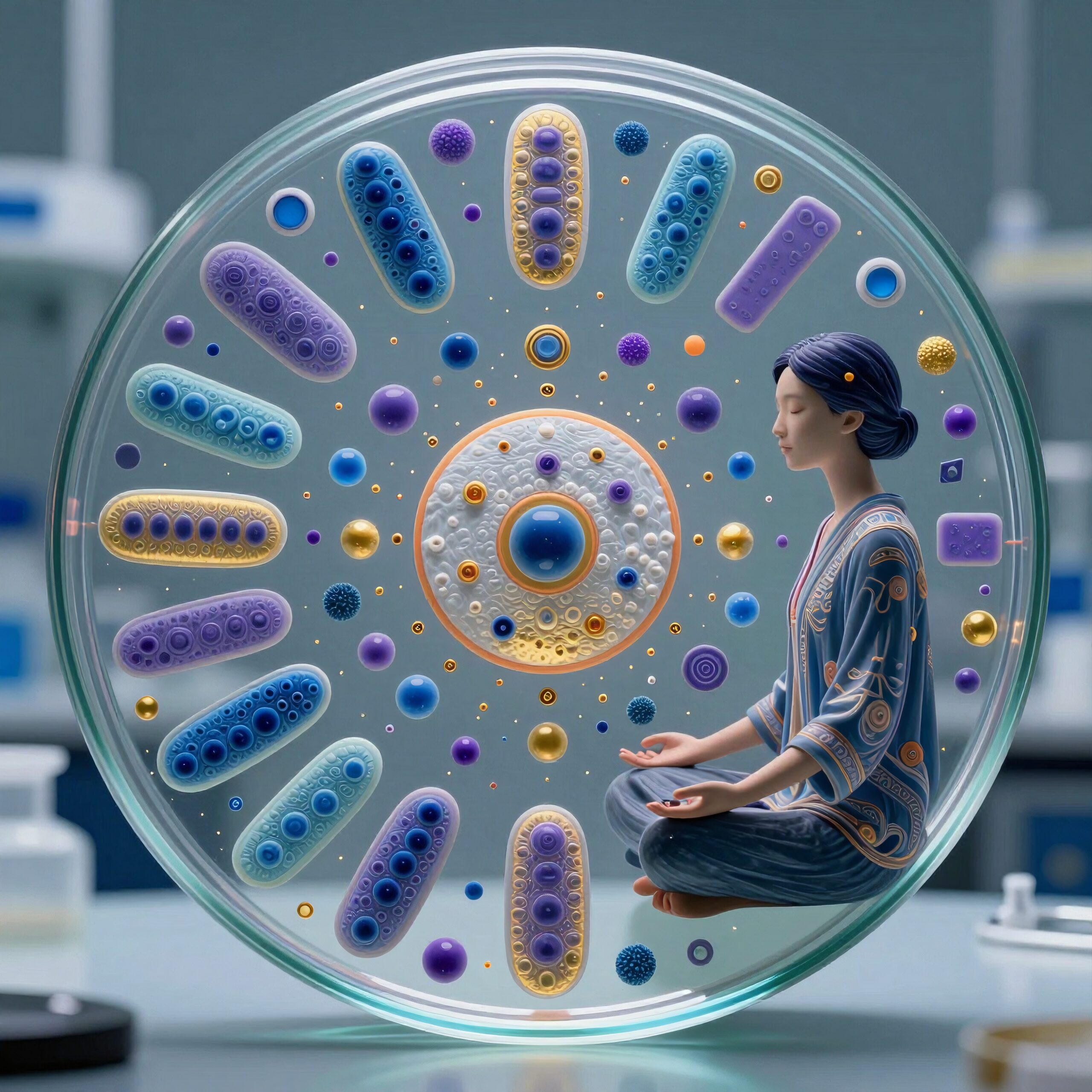 A woman meditates inside a Petri dish surrounded by colorful cellular structures in a scientific setting.