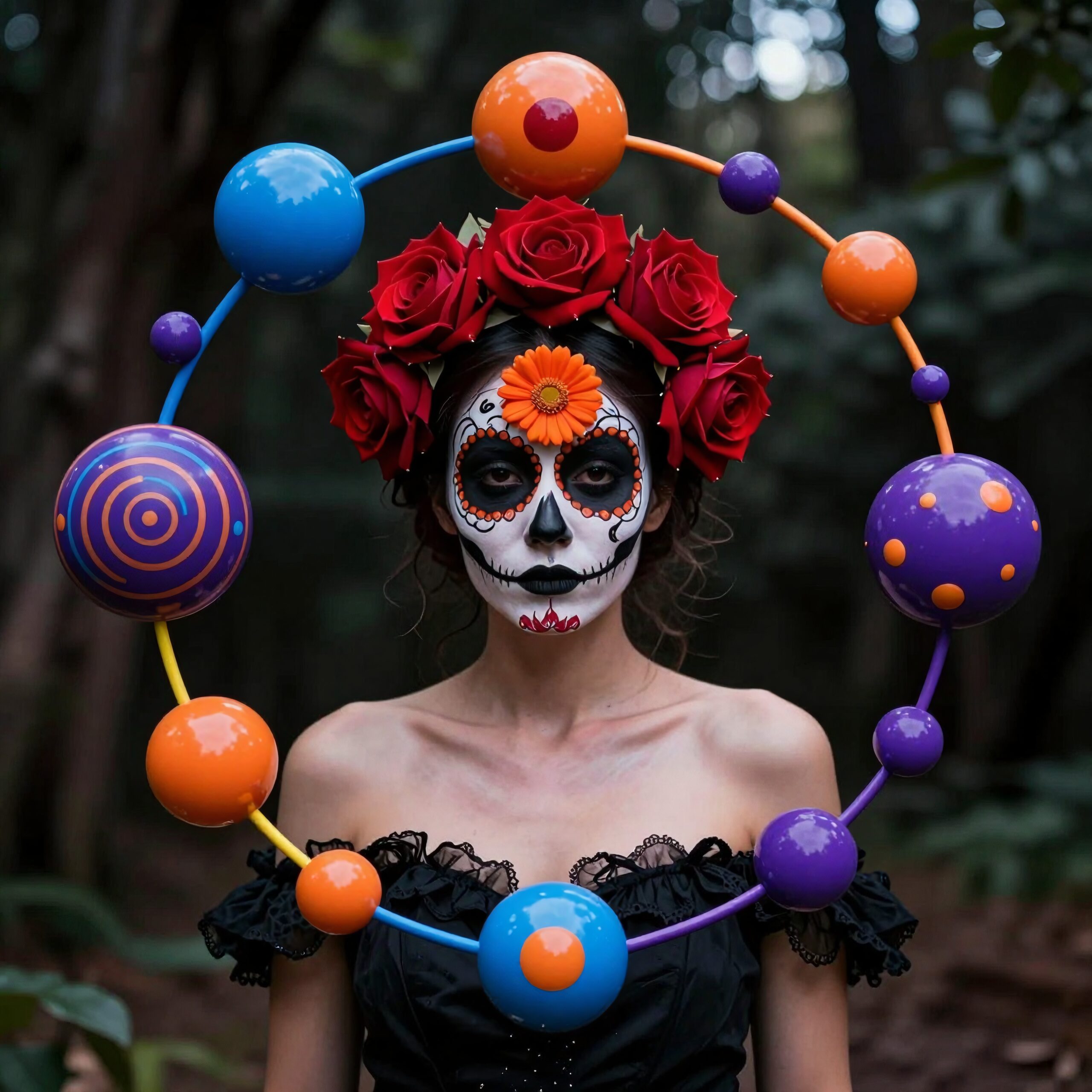 A woman with Dia de los Muertos face paint and red rose crown stands with an abstract halo of colorful orbs in a forest setting.