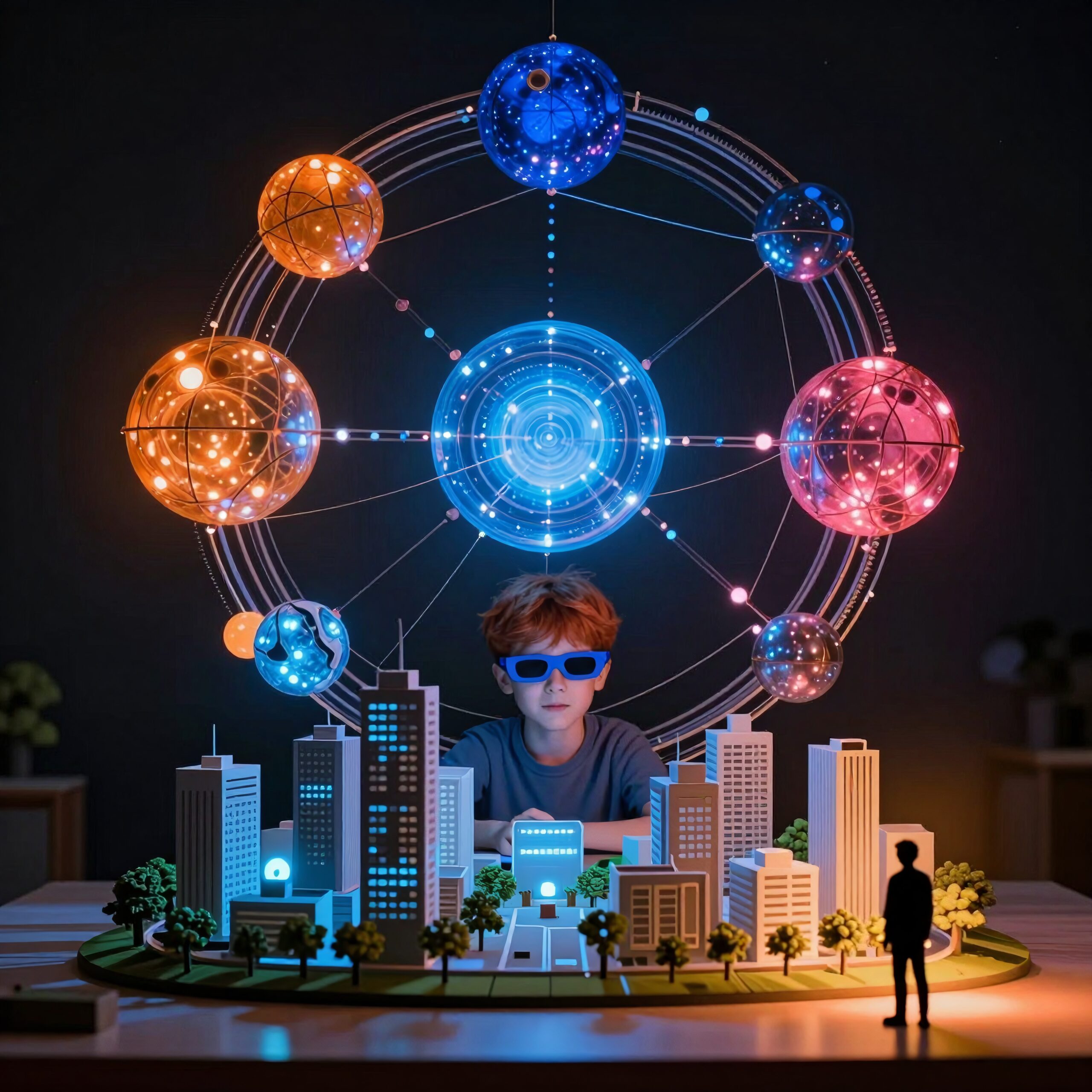 A young boy wearing blue-tinted glasses studies a neon-lit futuristic city model with a holographic network.