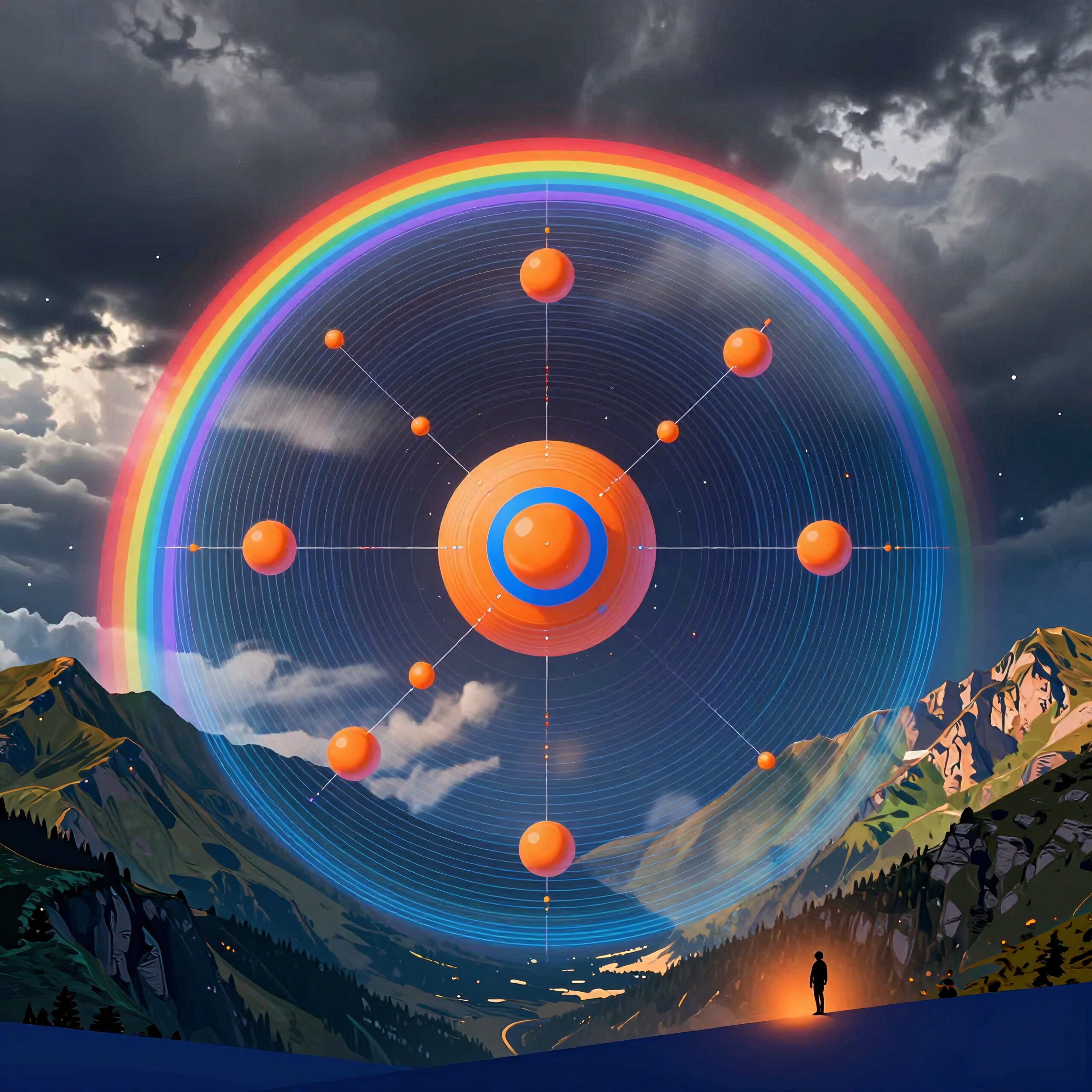 An artistic blend of cosmic geometry and mountain landscape with a vibrant rainbow.