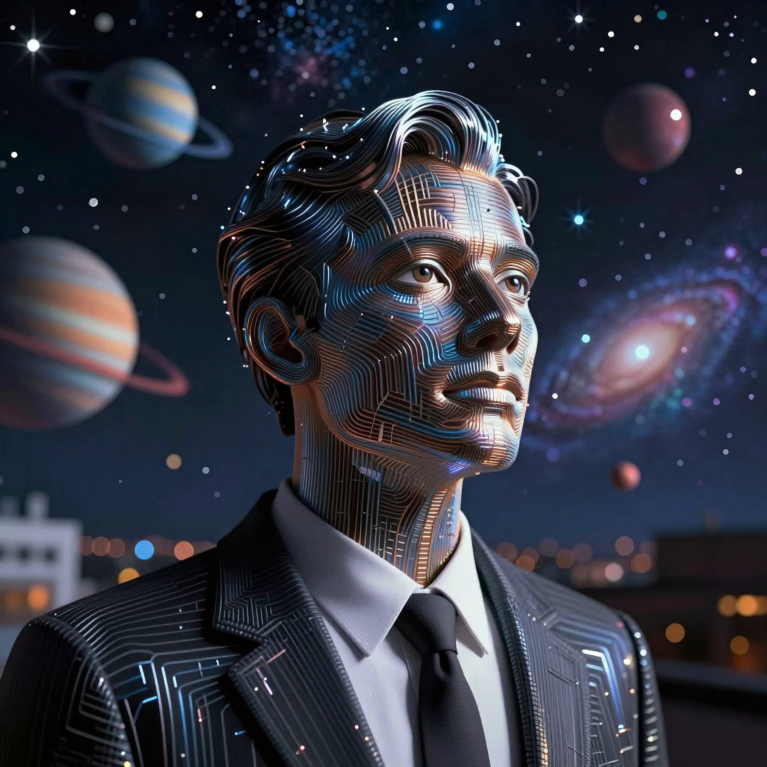 A man with circuit patterns gazes at the stars in a futuristic, cosmic scene.
