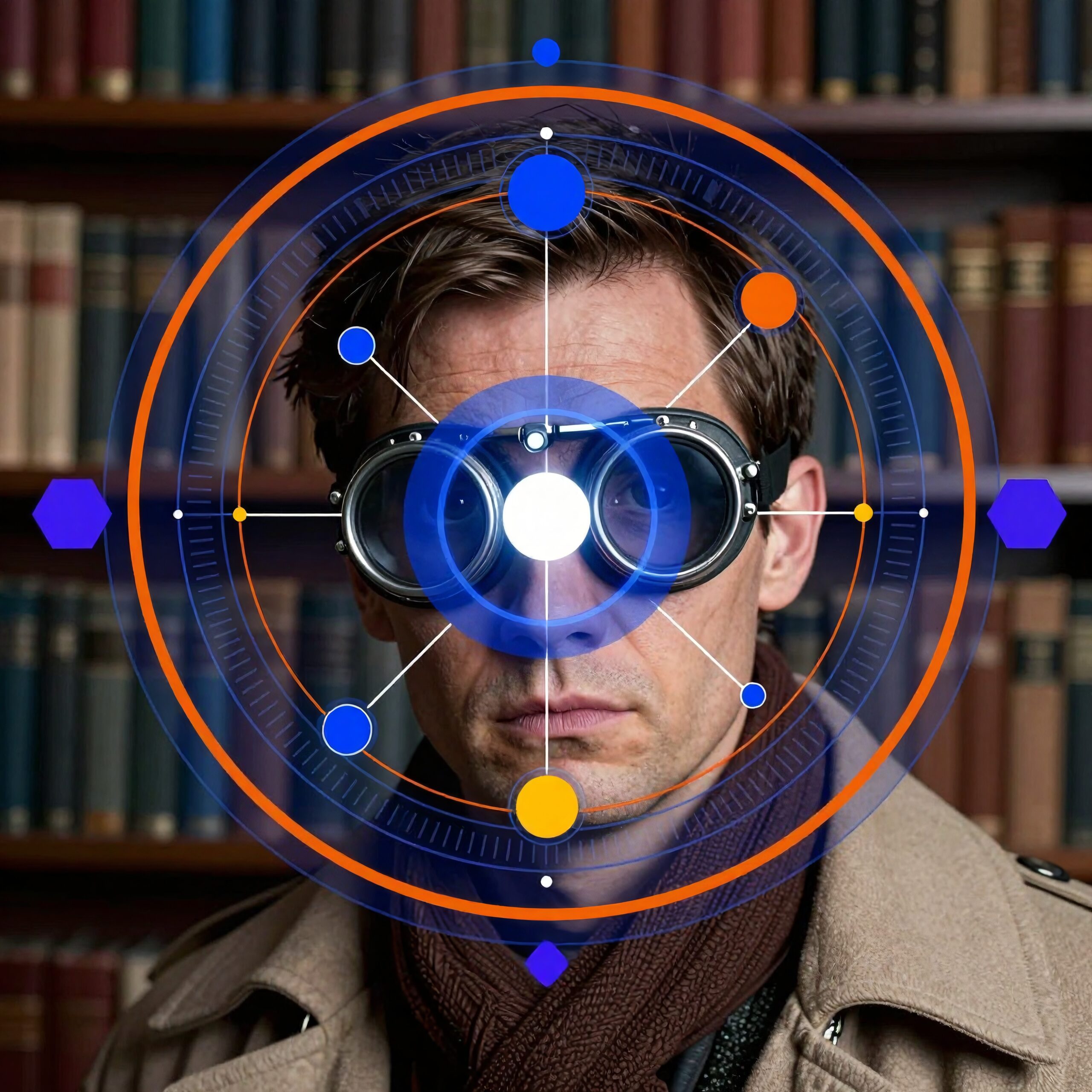 A man in a library wears futuristic goggles with a digital overlay, suggesting technology and innovation.