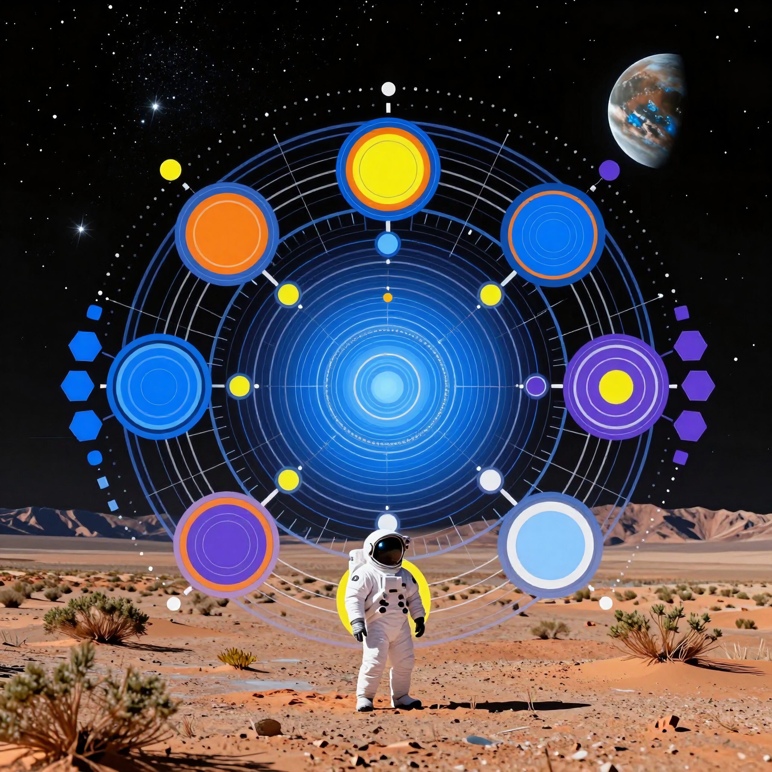 A lone astronaut stands under a cosmic design in a desert landscape, merging space exploration with artistic abstraction.