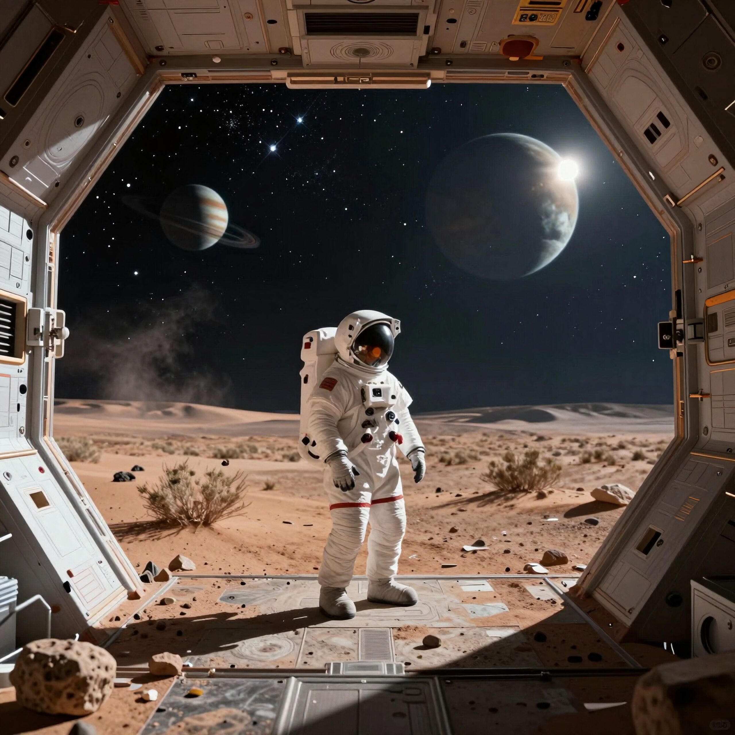 Astronaut exploring alien world at night, space adventure.