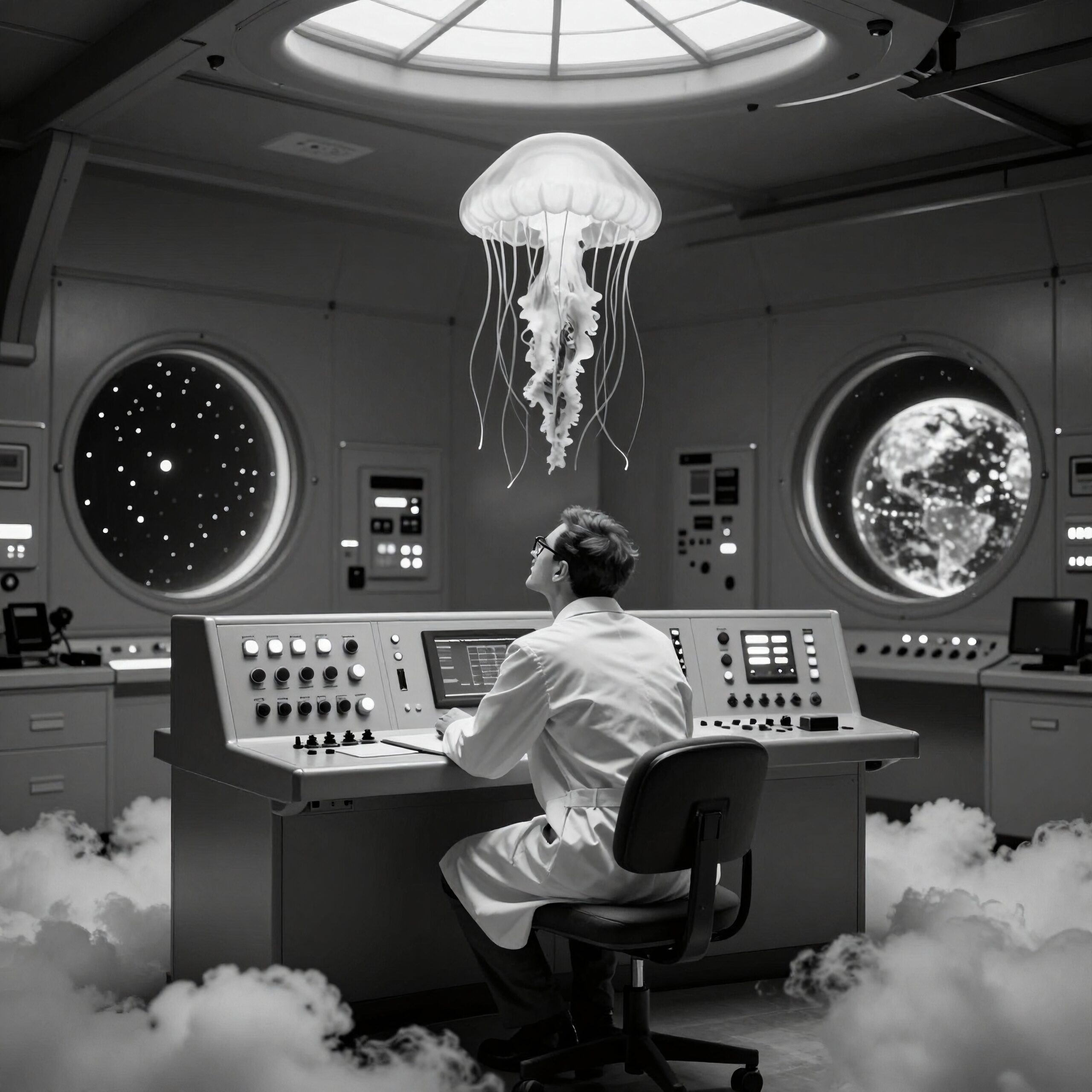 A scientist observes a floating jellyfish in a retro-futuristic control room.