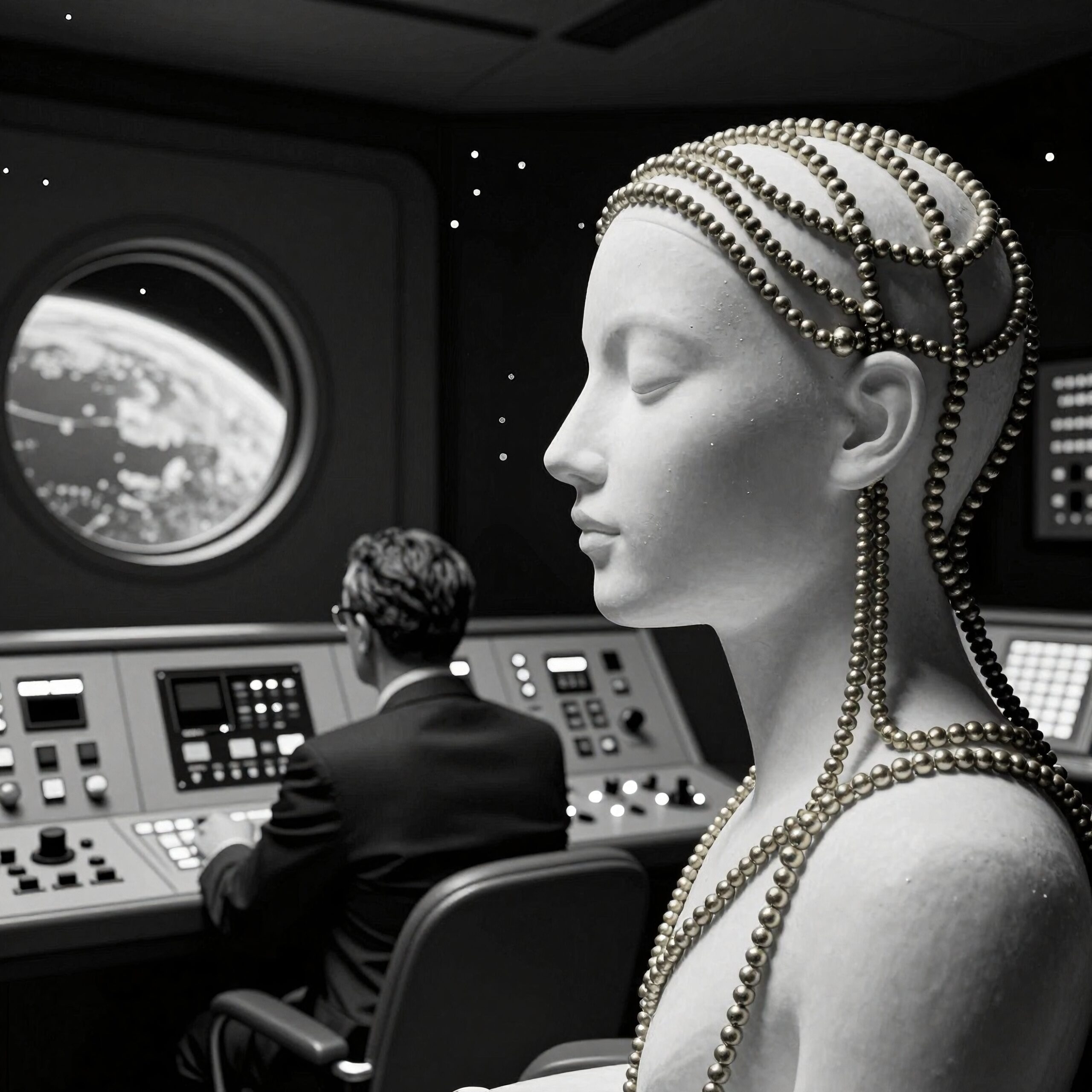 Image of a futuristic control room showing Earth through a window with a statue adorned with beads in the foreground.