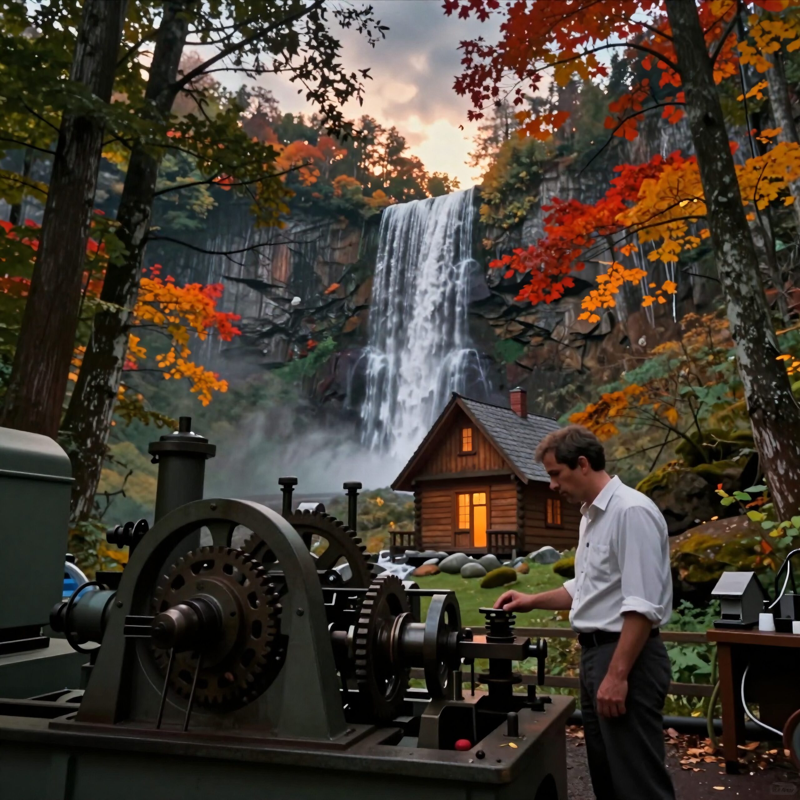 A man operates a vintage machine near a forest waterfall and log cabin.