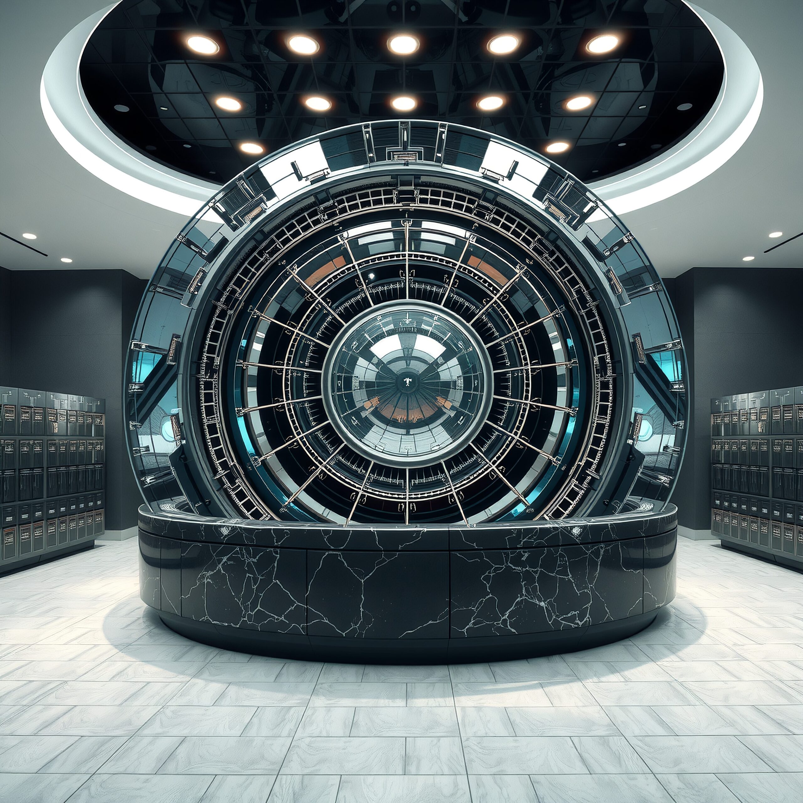 A futuristic vault room with sleek marble and metallic designs, illuminated by circular lights.