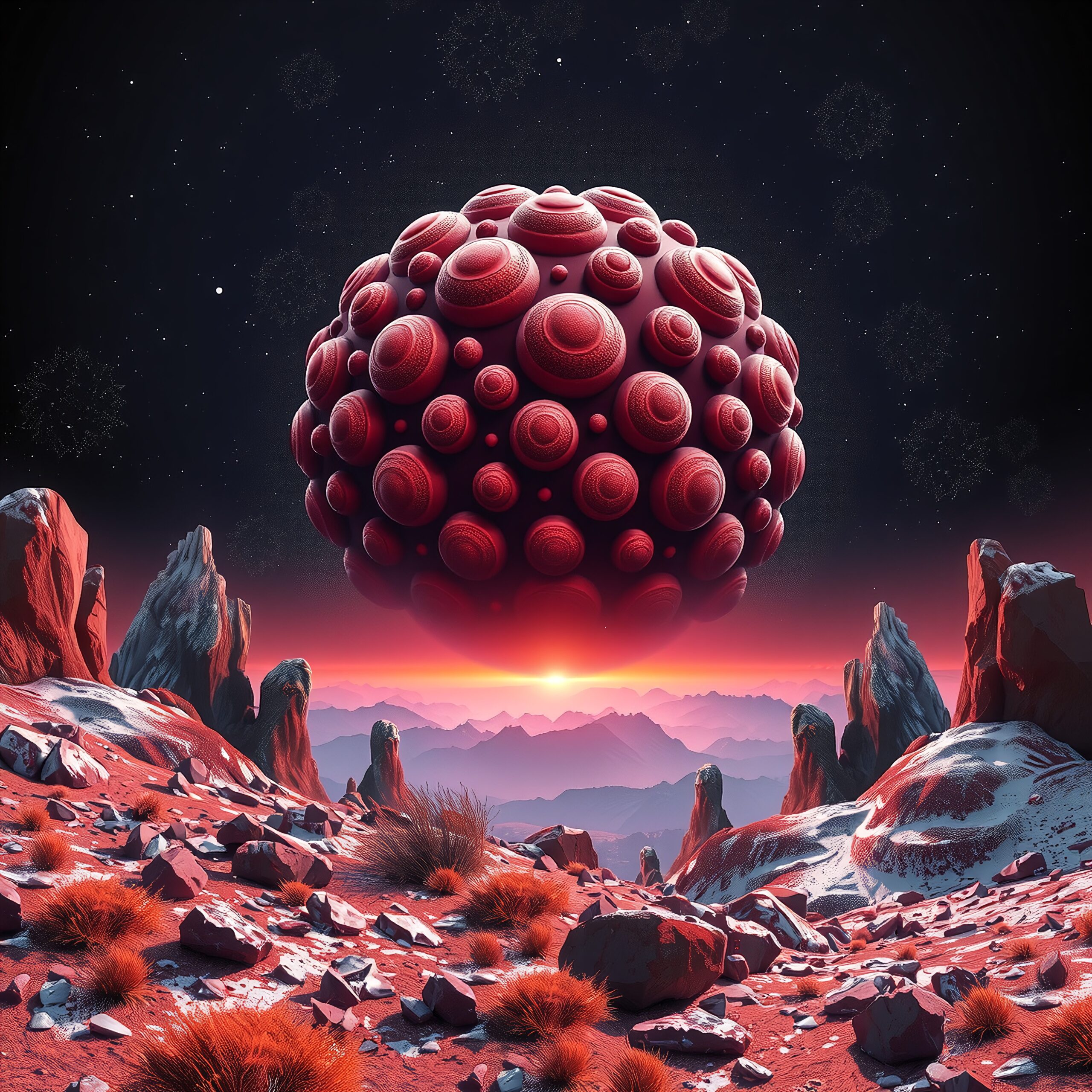 Surreal red sphere above alien desert landscape with starry sky.