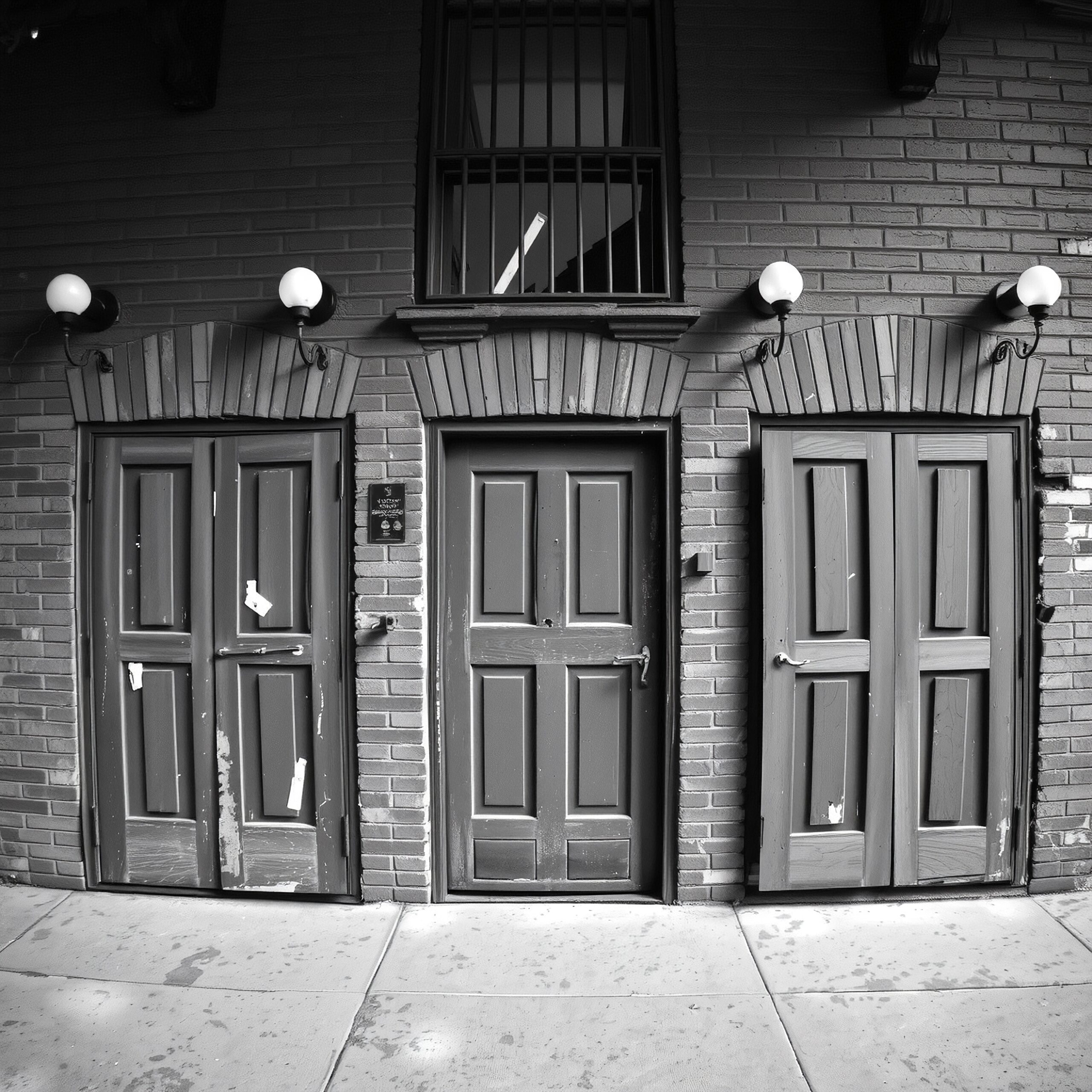 Black and white photo of three wooden doors aligned against a textured brick wall, evoking a nostalgic and historic urban feel.