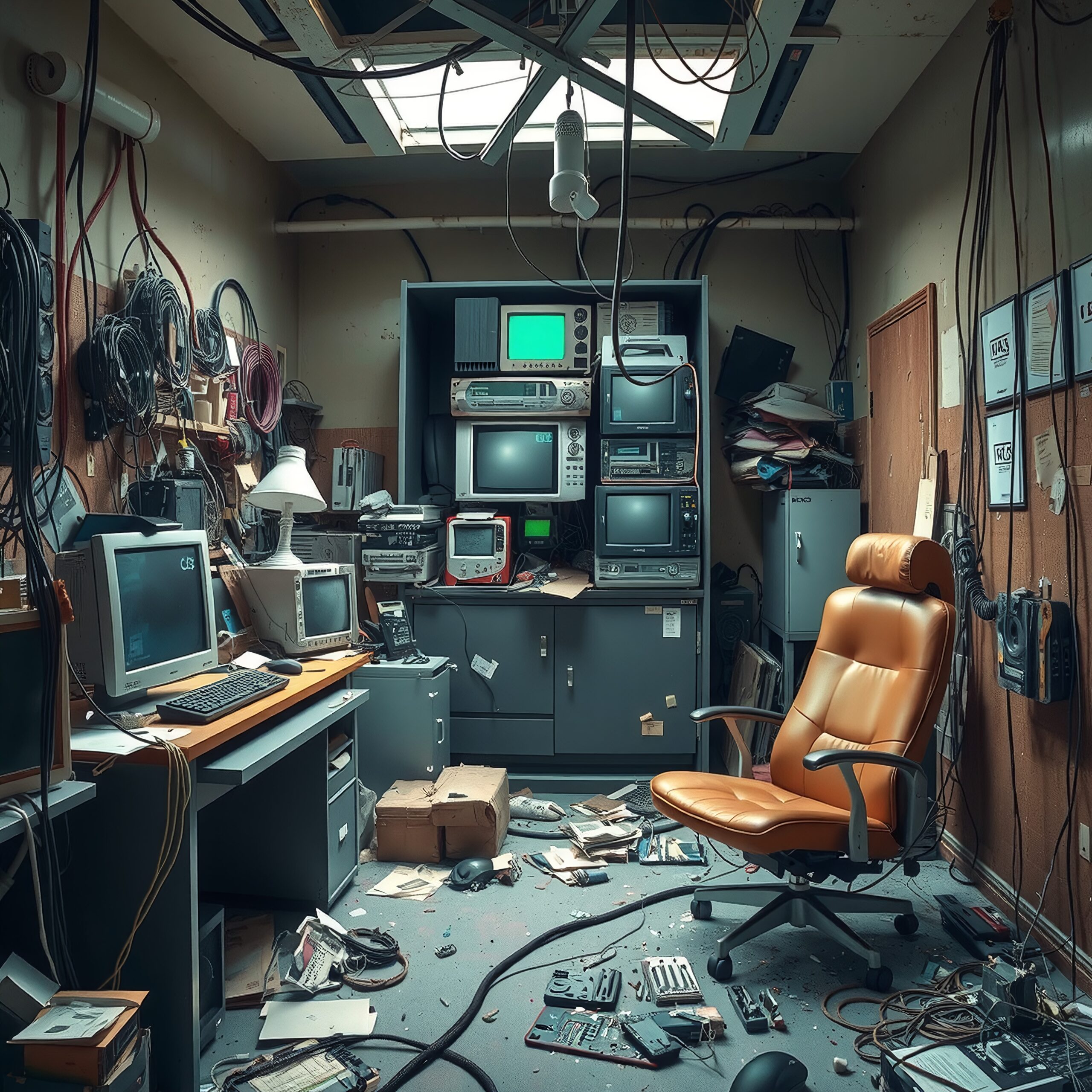 An abandoned room filled with vintage electronics and scattered papers, featuring tangled cables and an orange chair.