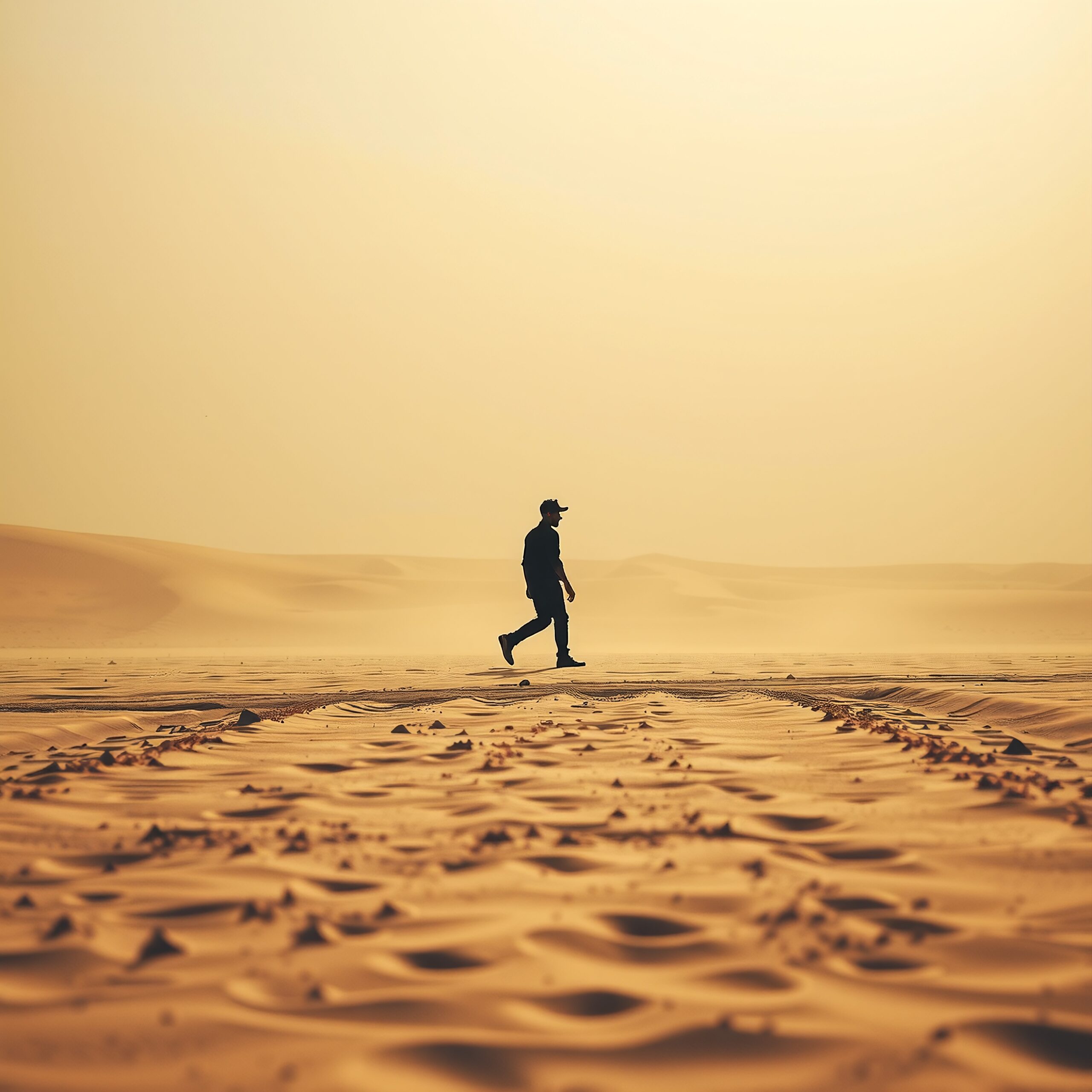 A lone figure walks across a tranquil, golden desert landscape at sunset.