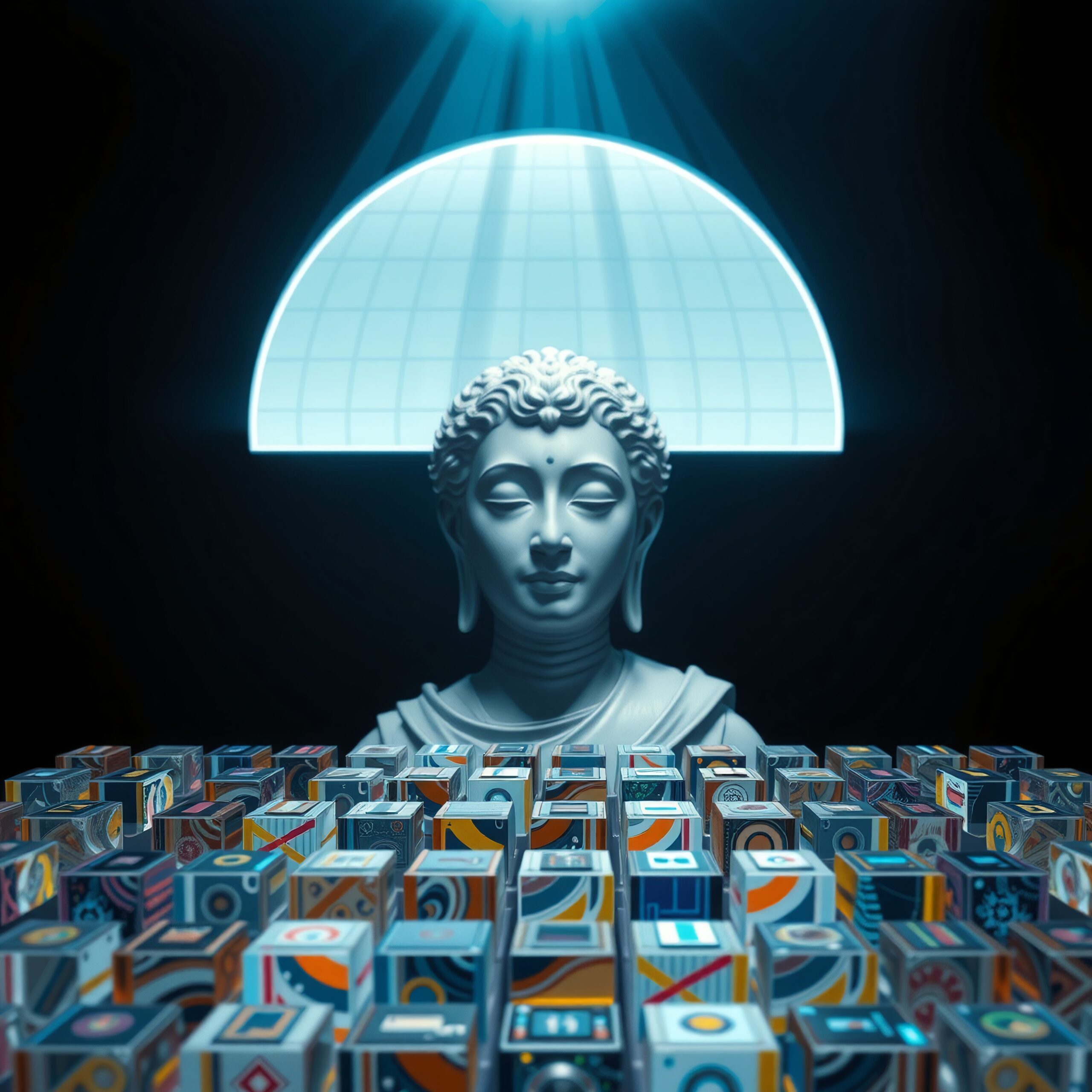 A serene Buddha bust illuminated by blue light above colorful geometric cubes, creating a blend of tradition and modernity.