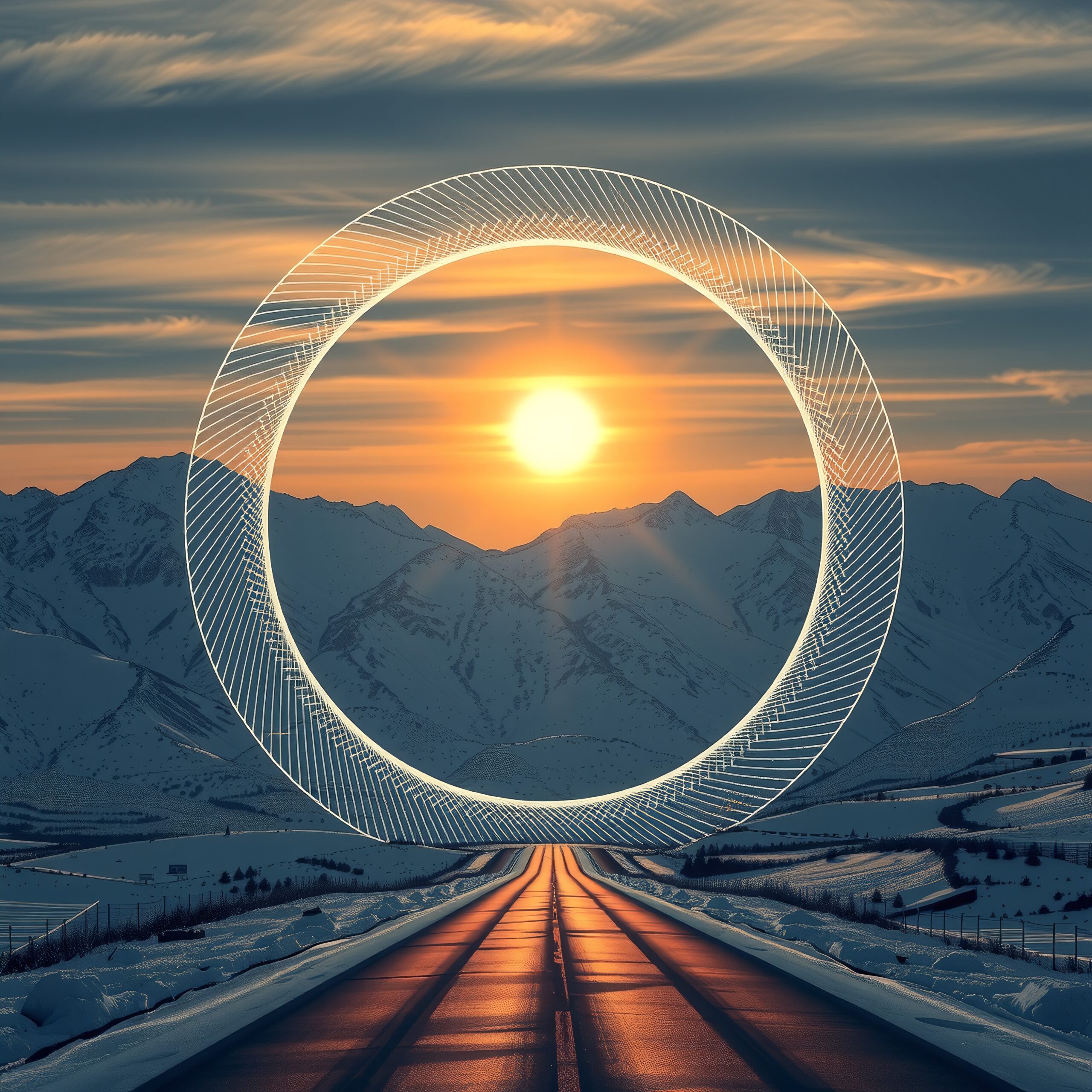 Sunset over snowy road with geometric digital circle.