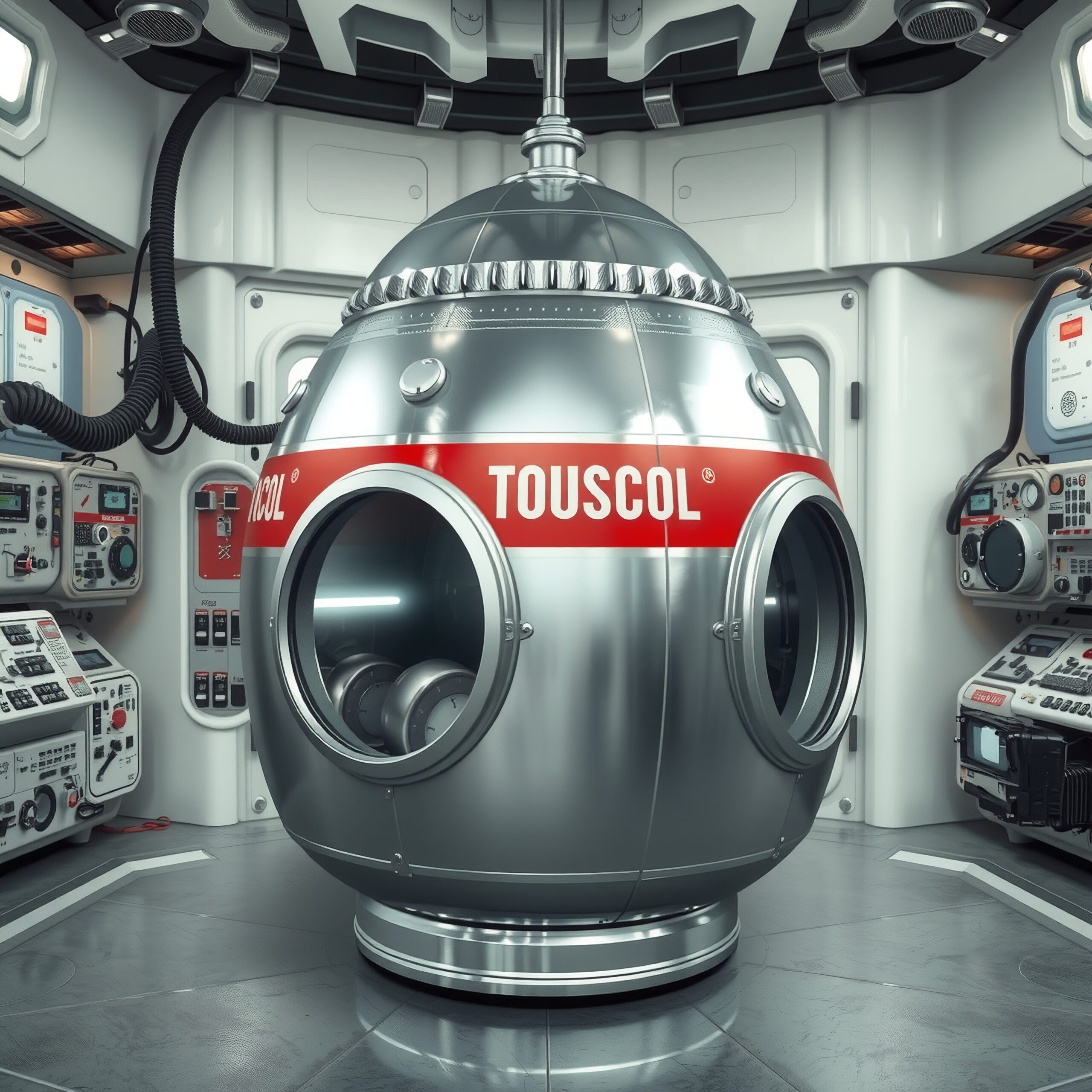 Futuristic pod in advanced control room setting.